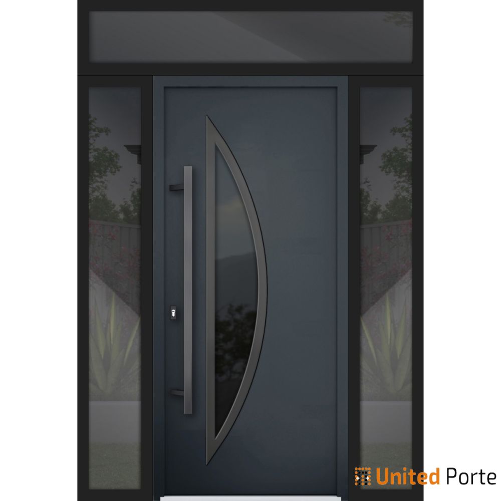 Front Exterior Prehung Metal-Plastic Door See-Through / Manux 8555 Matte Black / Side and Top Window / Office Commercial and Residential Doors