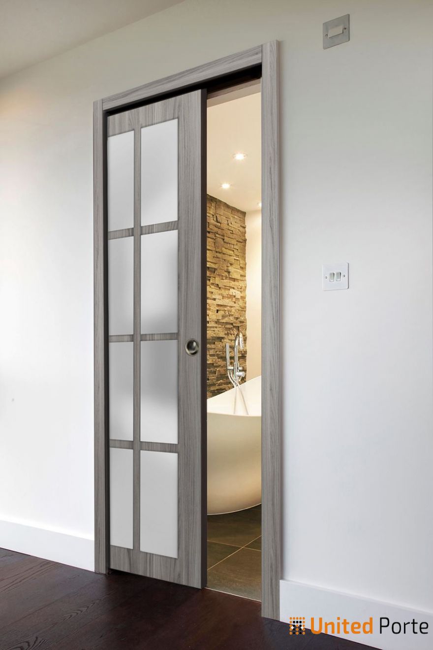 Sliding French Pocket Door With Frosted Glass 12 Lites Felicia 3312 Ginger Ash Gray