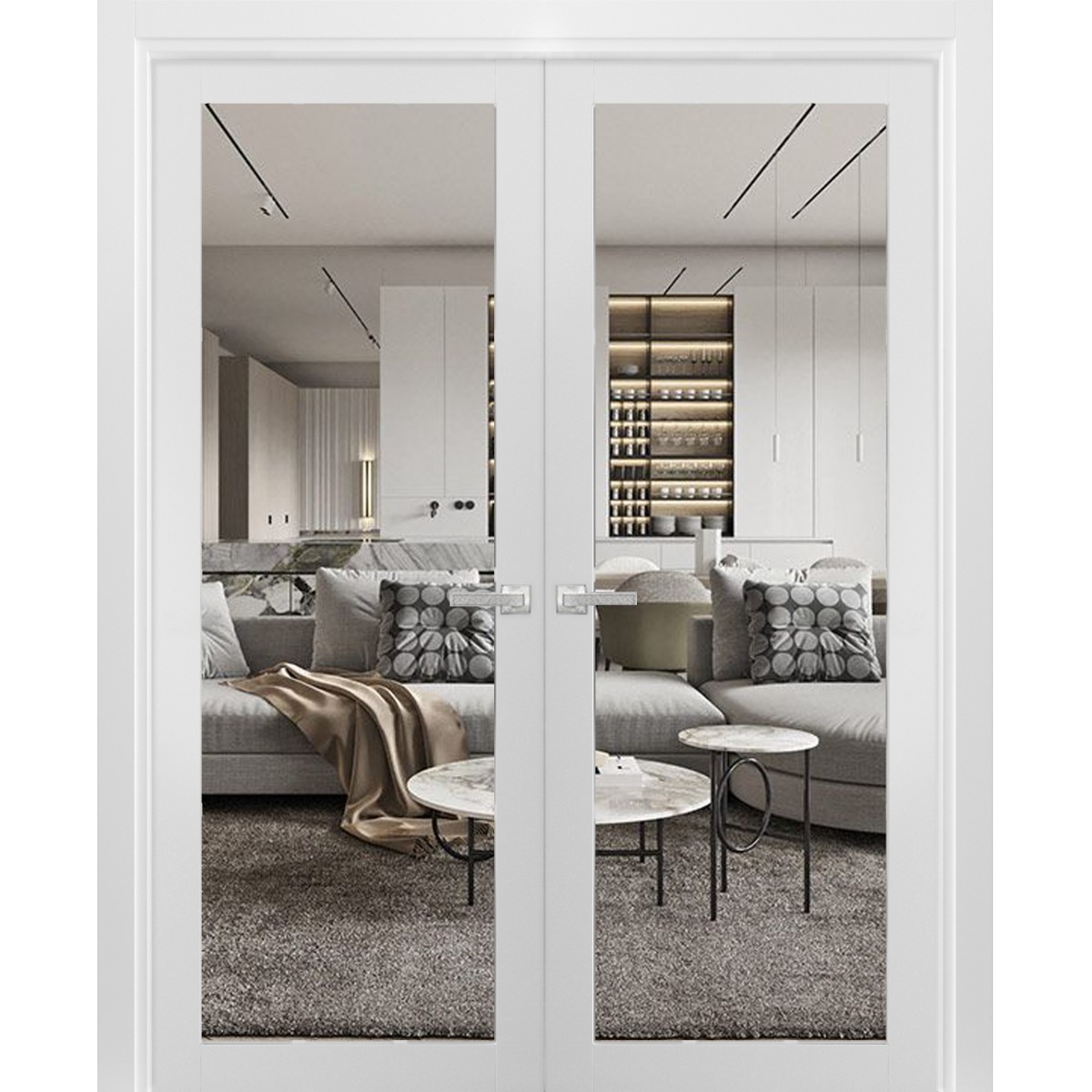 Solid French Double Doors | Lucia 1299 White Silk with Mirror | Wood Solid Panel Frame Trims | Close