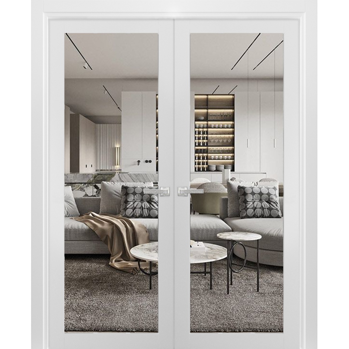 Solid French Double Doors Clear Glass | Lucia 2166 White Silk | Wood Solid Panel Frame Trims | Closet Bedroom Sturdy Doors-48