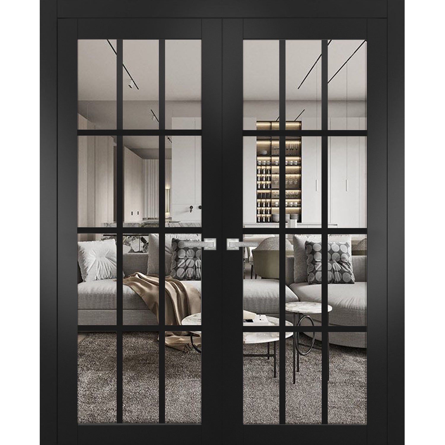 Solid French Double Doors | Felicia 3355 Matte Black with Clear Glass | Wood Solid Panel Frame Trims | Closet Bedroom Sturdy Doors -60" x 80" (2* 30x80)-Butterfly
