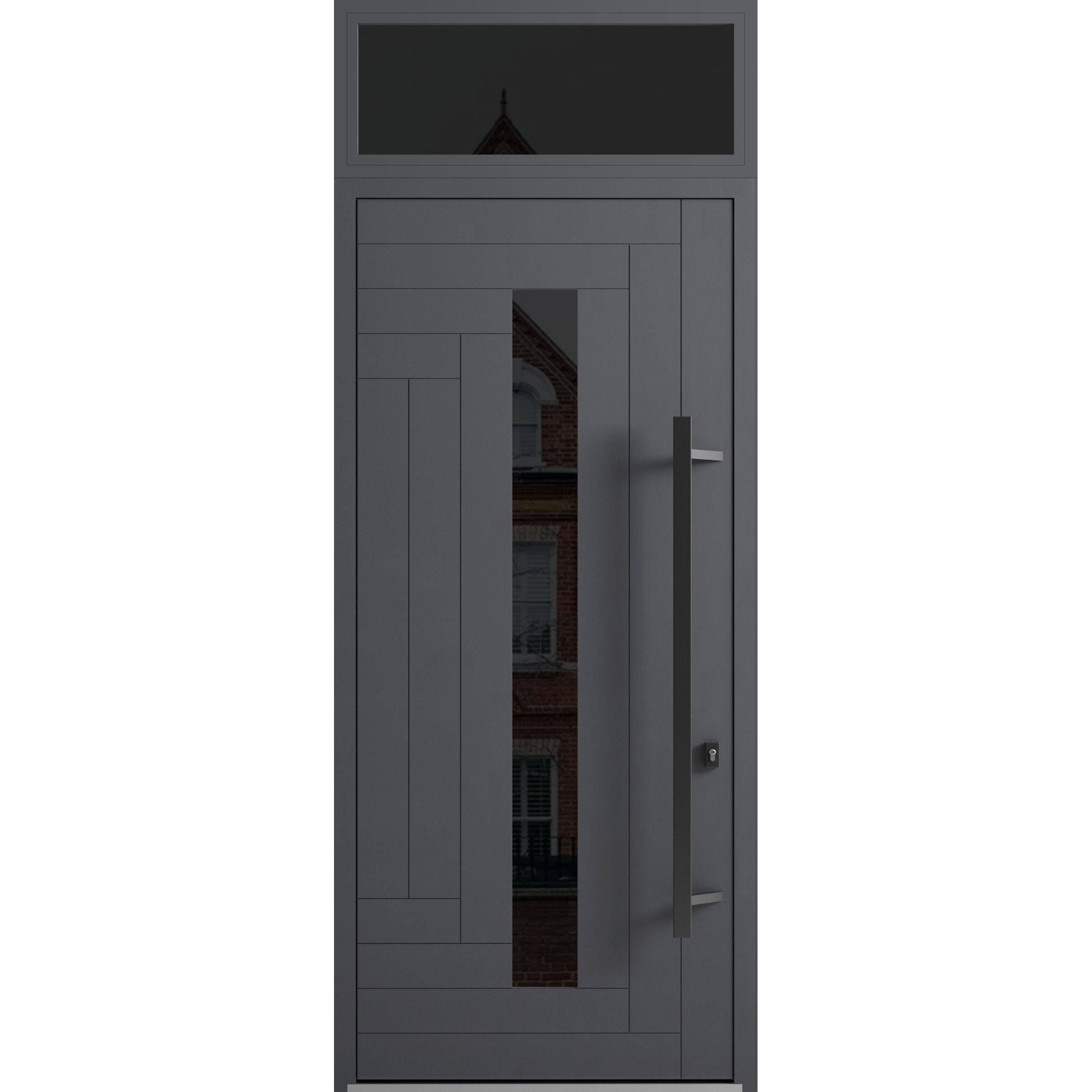 Front Exterior Prehung Steel Door / Ronex 0130 Grey 96" / Transom Window Sidelite / Entry Metal Modern Painted W36" x H96+16" Left hand Inswing Gray