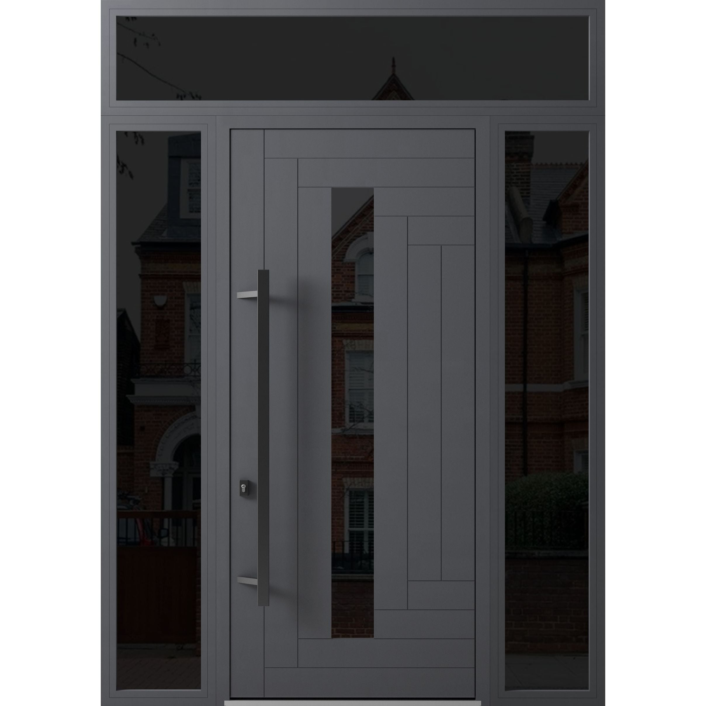 Front Exterior Prehung Steel Door / Ronex 0130 Grey 96" / 2 Sidelight and Transom Window Sidelite / Entry Metal Modern Painted W16+36+16" x H96+16" Right hand Inswing Gray