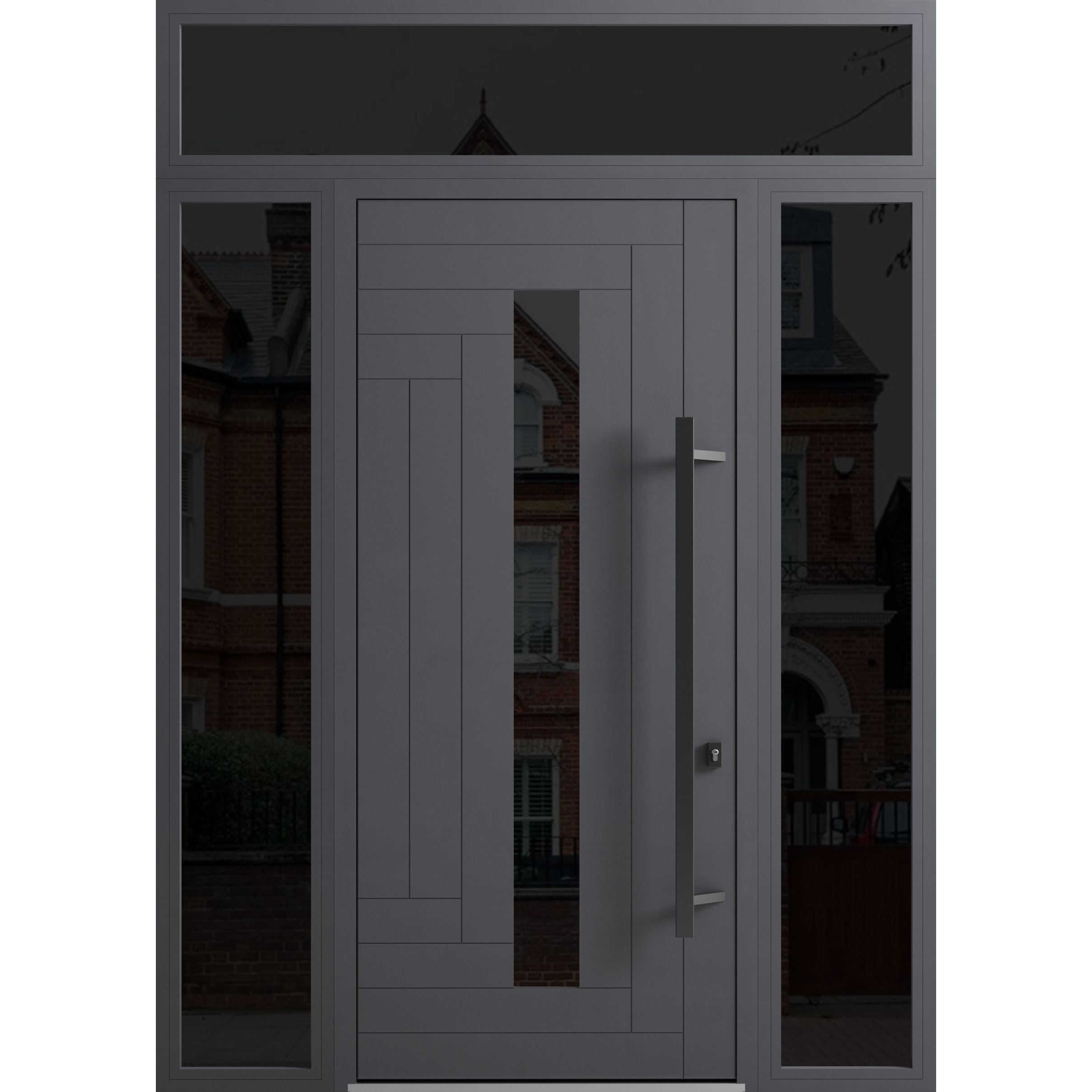 Front Exterior Prehung Steel Door / Ronex 0130 Grey 96" / 2 Sidelight and Transom Window Sidelite / Entry Metal Modern Painted W16+36+16" x H96+16" Left hand Inswing Gray