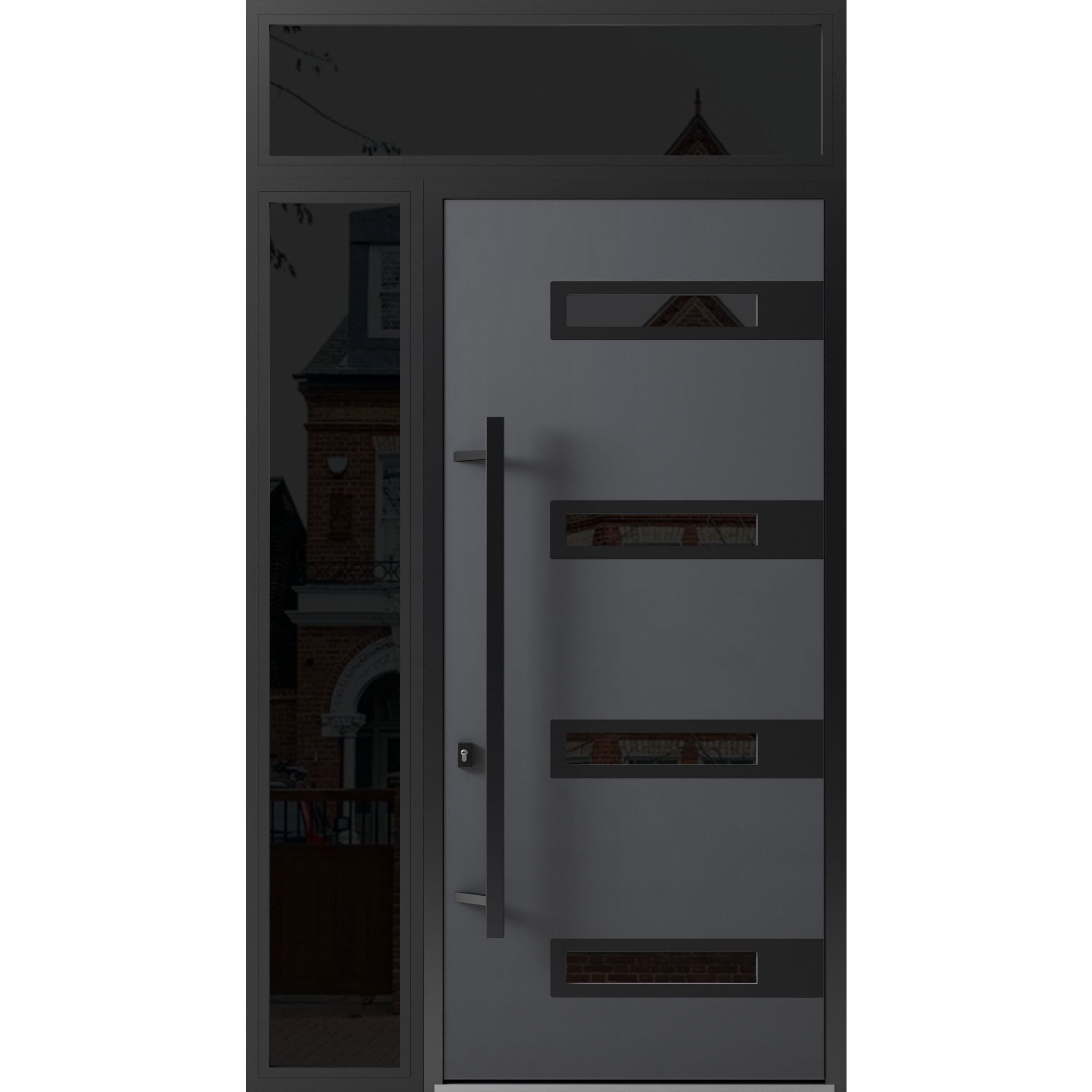 Front Exterior Prehung Steel Door / Ronex 0131 Grey 96" / Sidelight and Transom Window Sidelite / Entry Metal Modern Painted W36+16" x H96+16" Right hand Inswing Gray