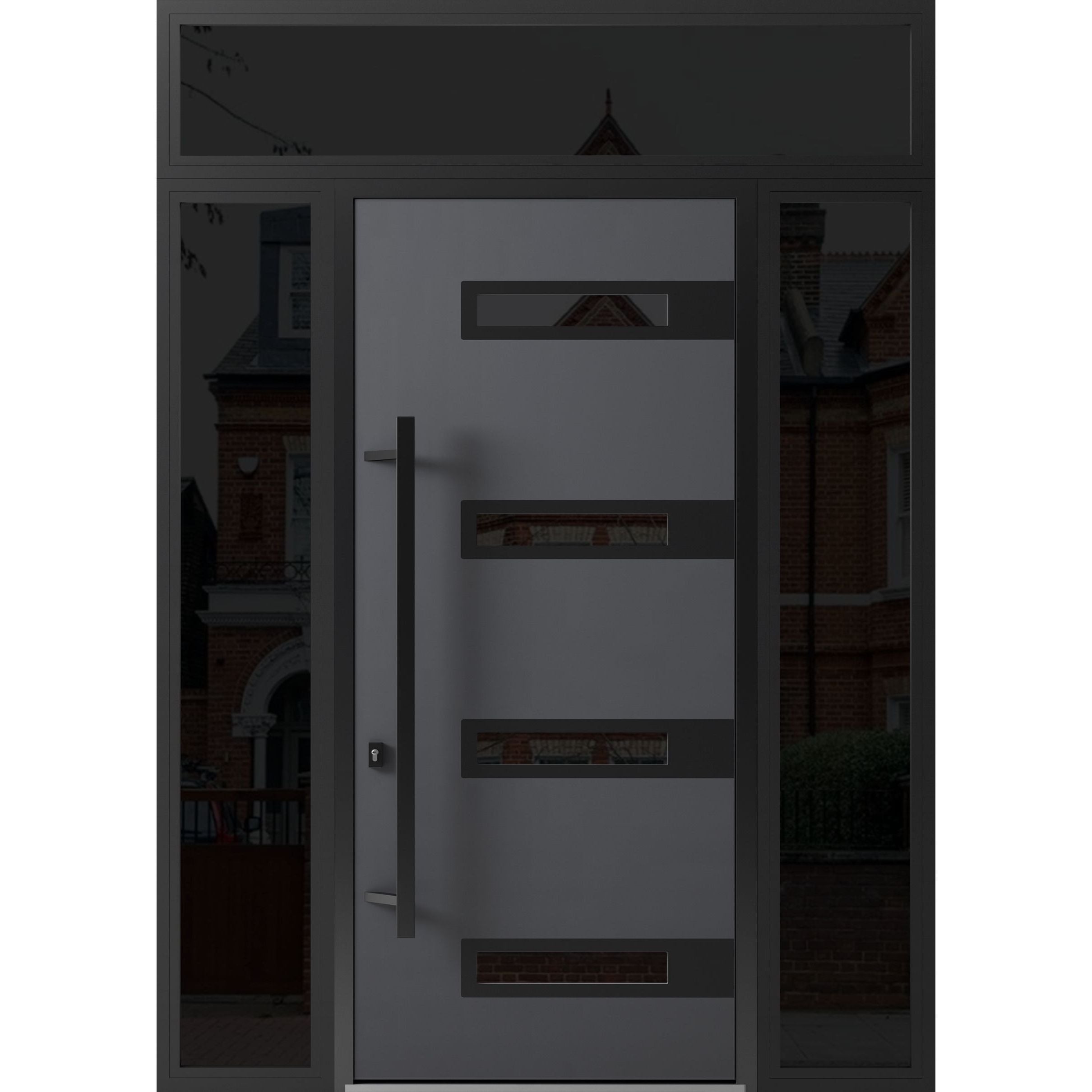 Front Exterior Prehung Steel Door / Ronex 0131 Grey 96" / 2 Sidelight and Transom Window Sidelite / Entry Metal Modern Painted W14+36+14" x H96+16" Right hand Inswing Gray