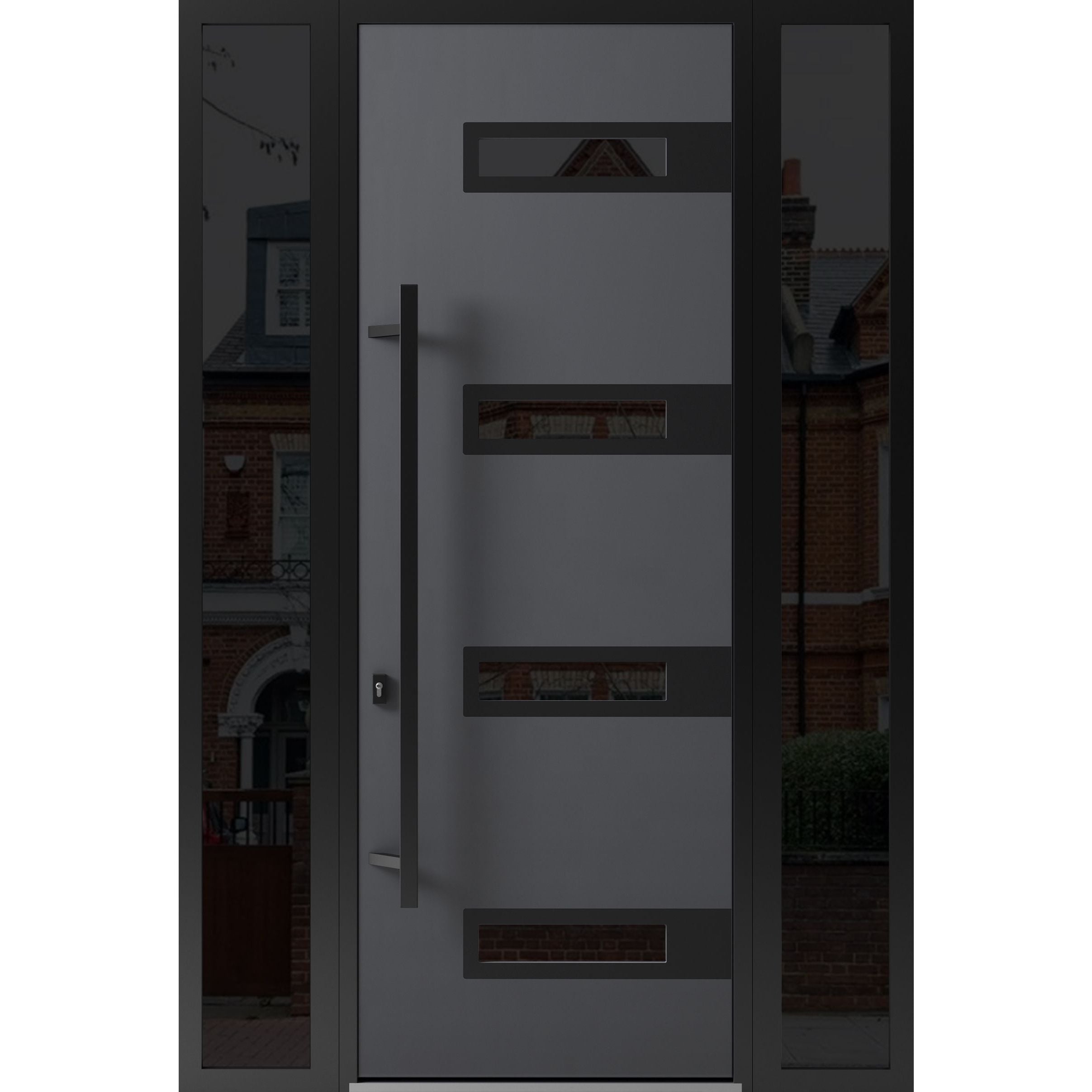 Front Exterior Prehung Steel Door / Ronex 0131 Grey 96" / 2 Sidelight Exterior Windows Sidelites/ Entry Metal Modern Painted W12+36+12" x H96" Right hand Inswing Gray
