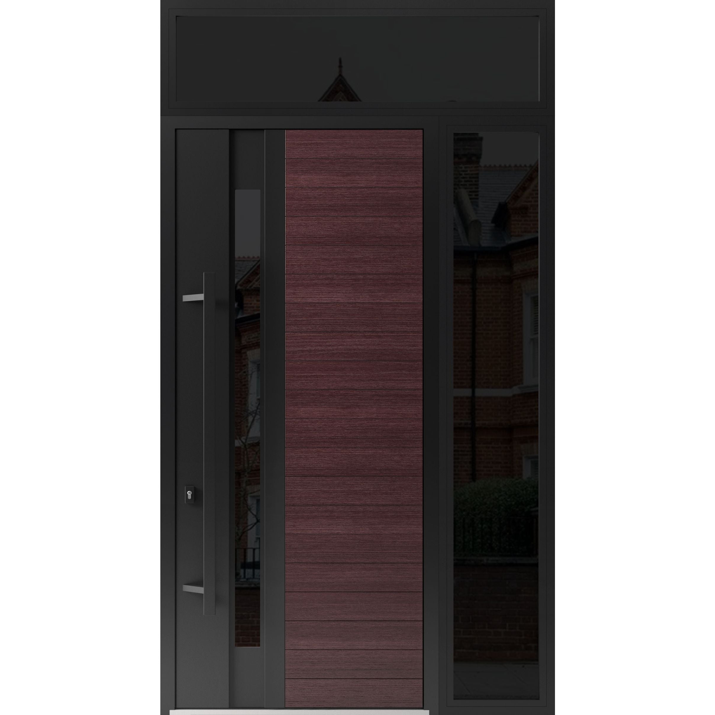 Front Exterior Prehung Steel Door / Ronex 0162 Red Oak 96" / Sidelight and Transom Window Sidelite / Entry Metal Modern Painted W36+14" x H96+16" Right hand Inswing Red Oak