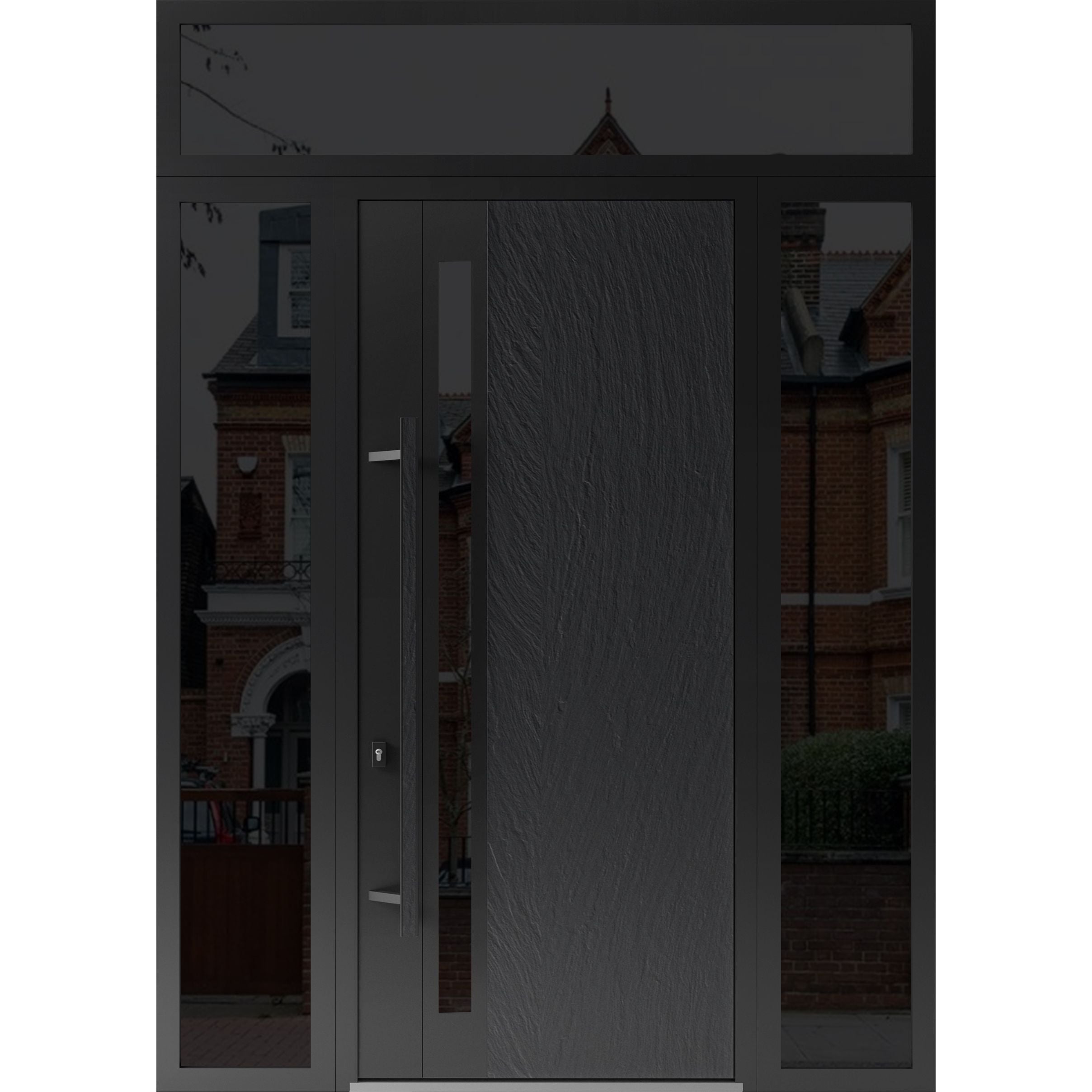 Front Exterior Prehung Steel Door / Dekton 0163 Venezia Noce 96”/ 2 Side and Top Exterior Window Sidelite / Entry Metal Modern Painted W16+36+16" x H96+16" Right hand Inswing Ardesia Nero