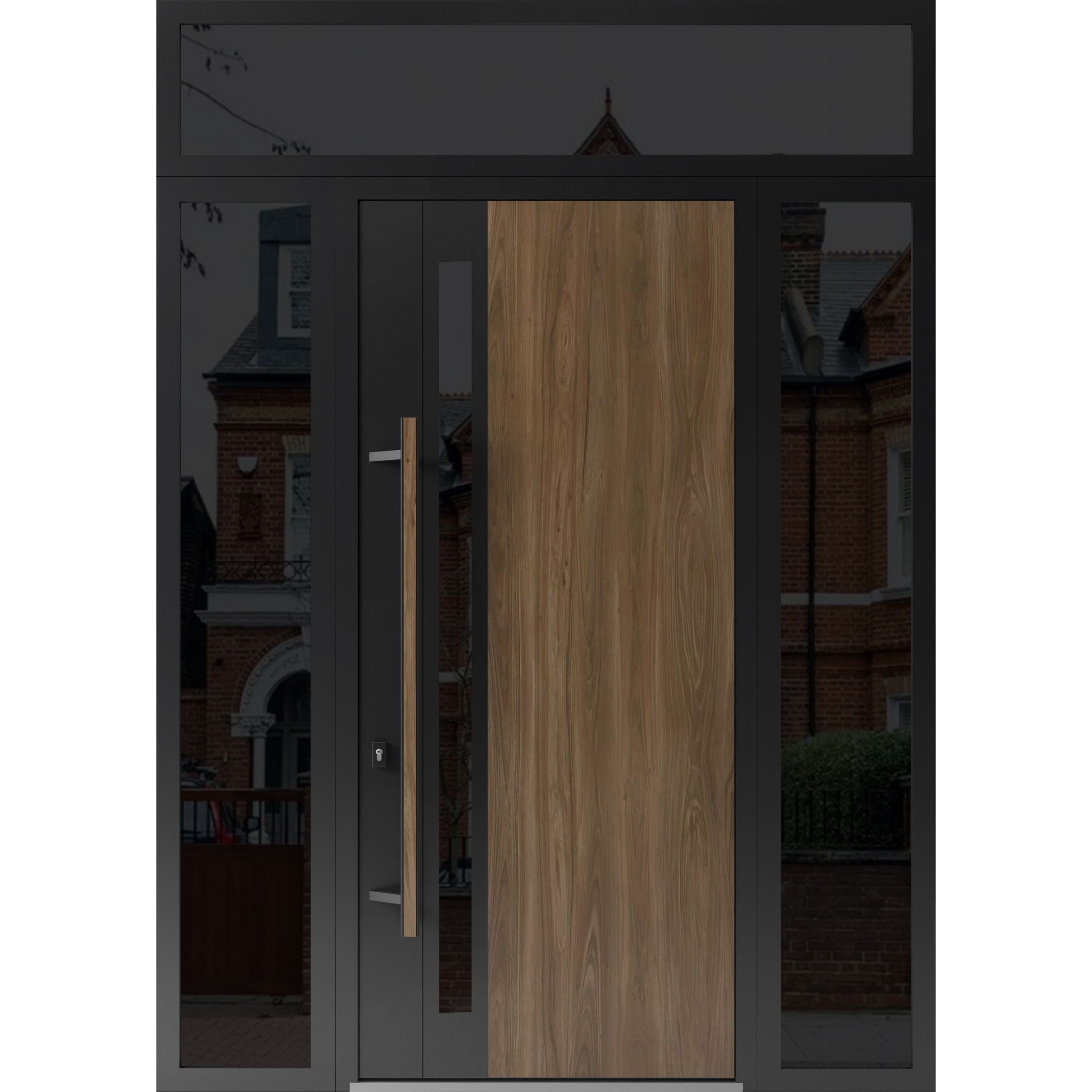 Front Exterior Prehung Steel Door / Dekton 0163 Venezia Noce 96”/ 2 Side and Top Exterior Window Sidelite / Entry Metal Modern Painted W16+36+16" x H96+16" Right hand Inswing Venezia Noce