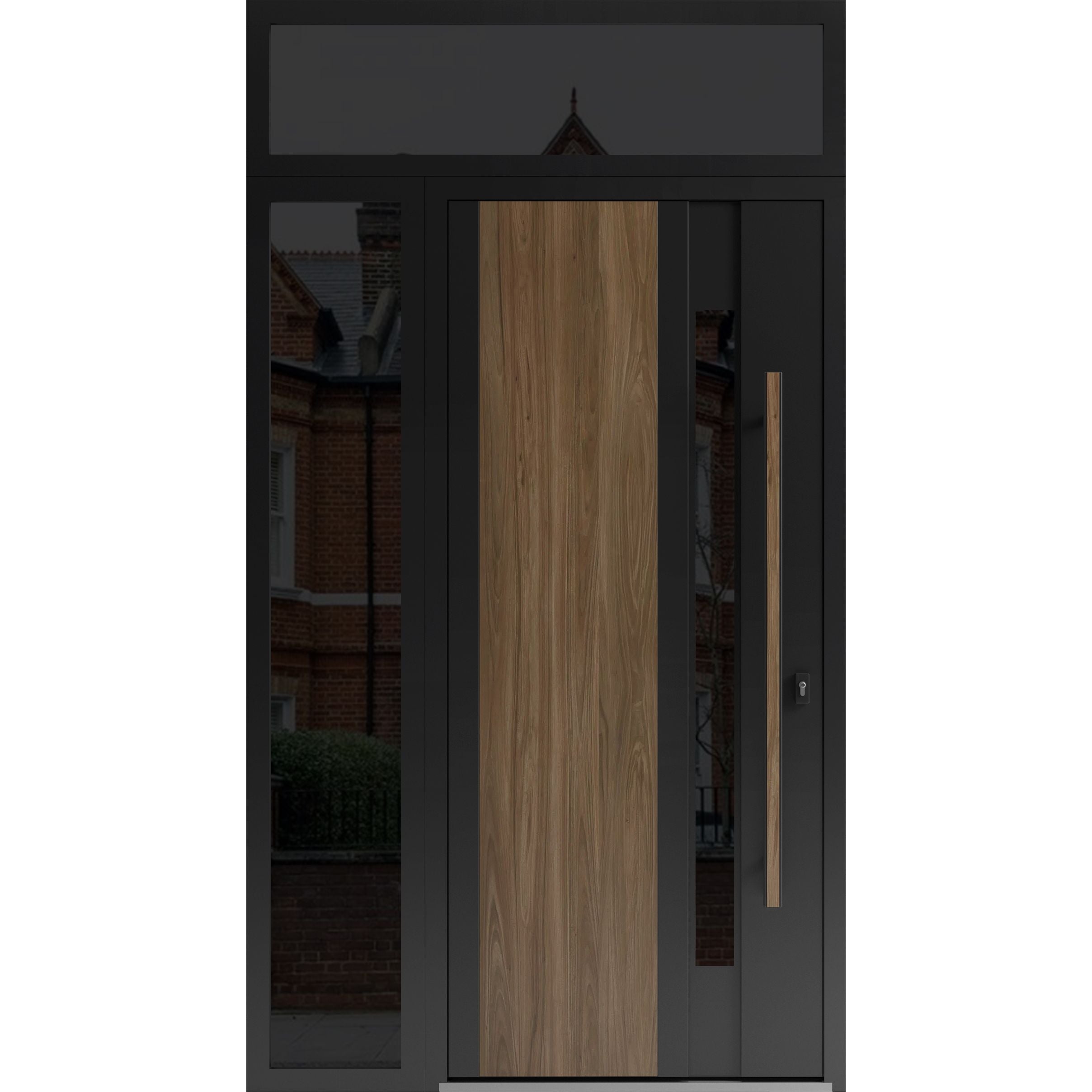 Front Exterior Prehung Steel Door / Dekton 0163 Ardesia Nero 96”/ Side and Top Exterior Window Sidelite / Entry Metal Modern Painted W36+12" x H96+16" Left hand Inswing Venezia Noce