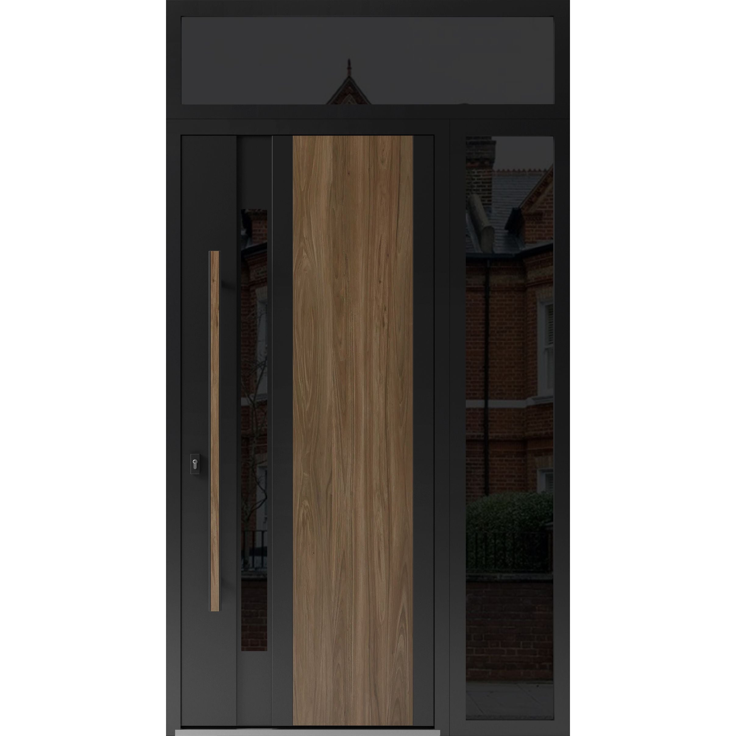 Front Exterior Prehung Steel Door / Dekton 0163 Venezia Noce / Side and Top Exterior Window Sidelite / Entry Metal Modern Painted W36+16" x H80+16" Right hand Inswing Venezia Noce
