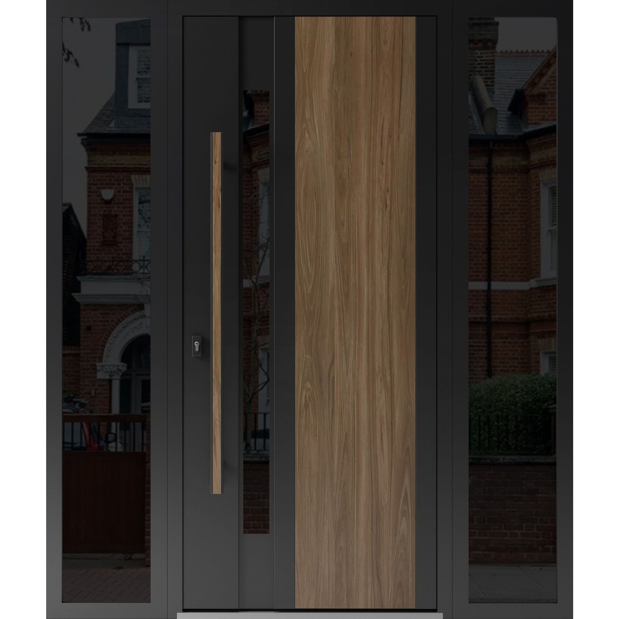 Front Exterior Prehung Steel Door / Dekton 0163 Venezia Noce / 2 Side Exterior Windows Sidelites/ Entry Metal Modern Painted W12+36+12" x H80" Right hand Inswing Venezia Noce