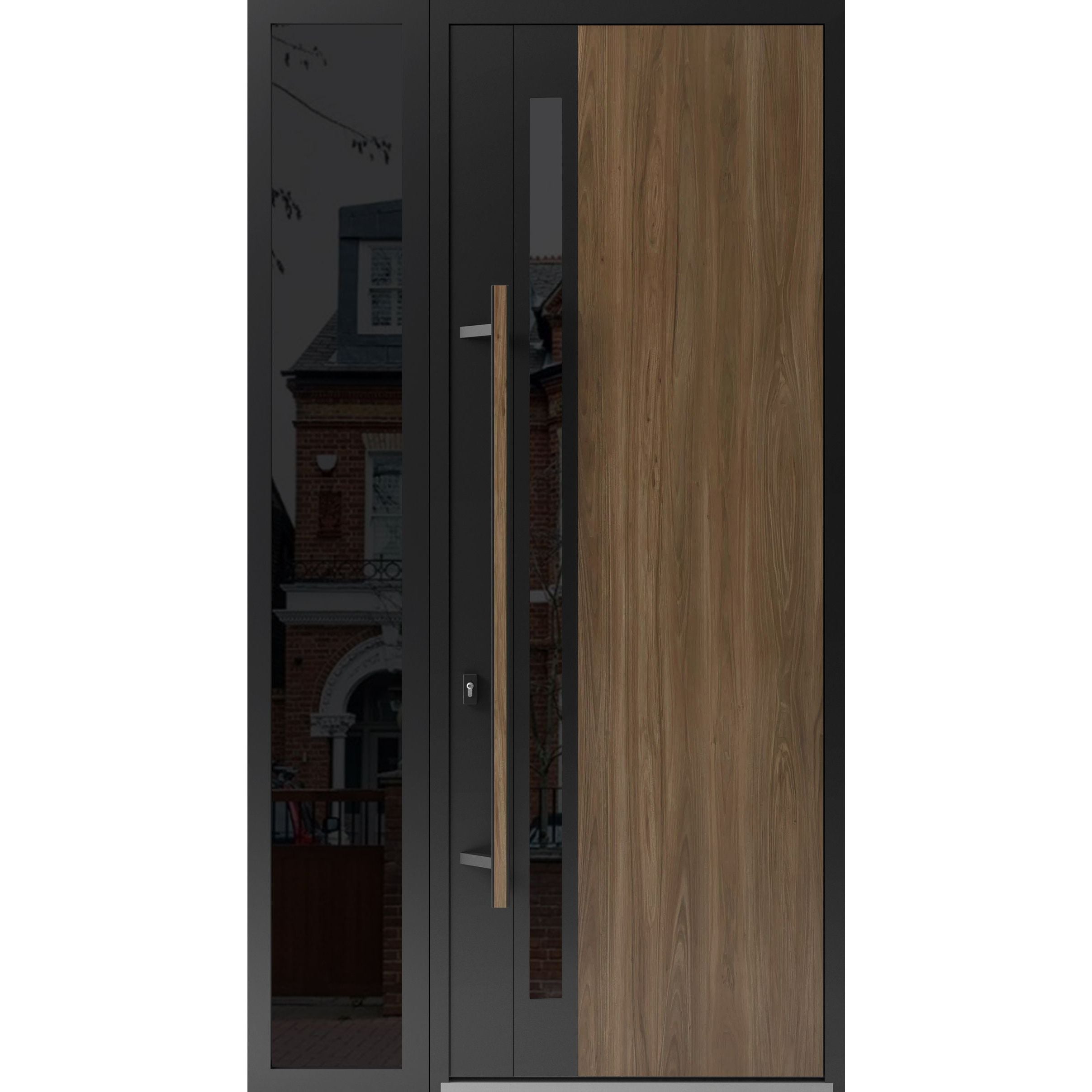 Front Exterior Prehung Steel Door / Dekton 0163 Venezia Noce 96”/ Side Exterior Window Sidelite / Entry Metal Modern Painted W36+16" x H96" Right hand Inswing Venezia Noce