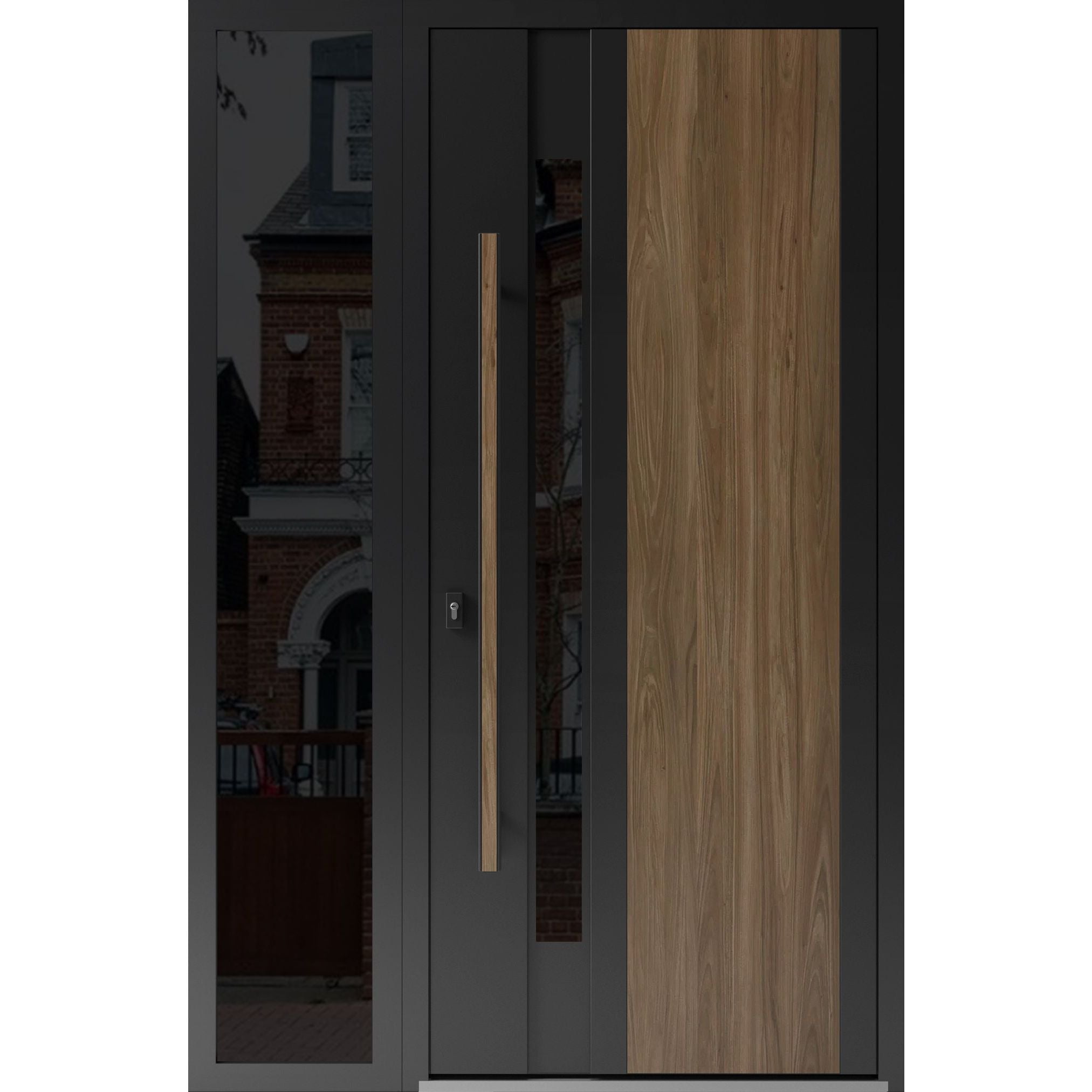 Front Exterior Prehung Steel Door / Dekton 0163 Venezia Noce / Side Exterior Window Sidelite / Entry Metal Modern Painted W36+16" x H80" Right hand Inswing Venezia Noce