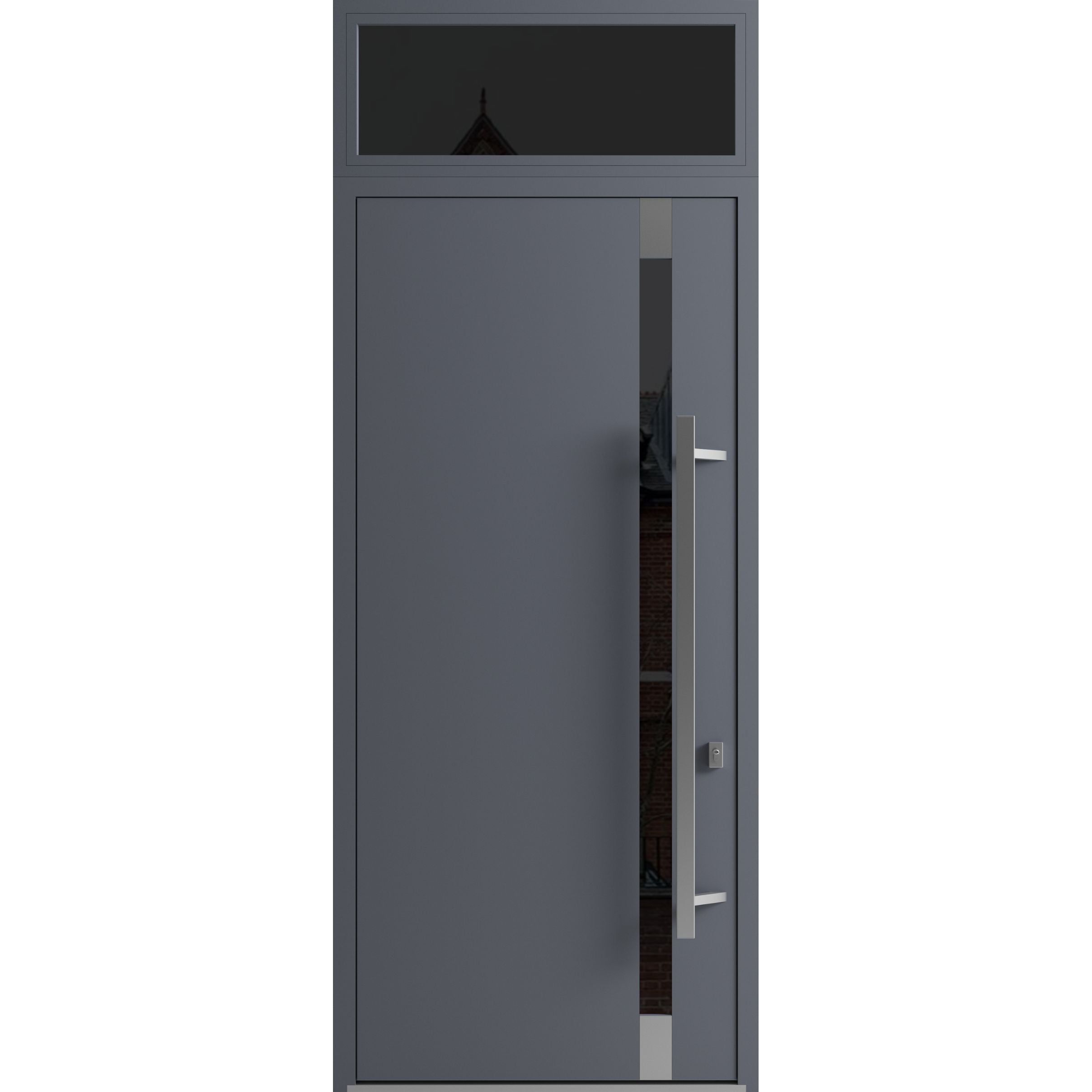 Front Exterior Prehung Steel Door / Ronex 1011 Grey 96" / Transom Window Sidelite / Stainless Inserts Entry Metal Modern Painted W36" x H96+16" Left hand Inswing Gray