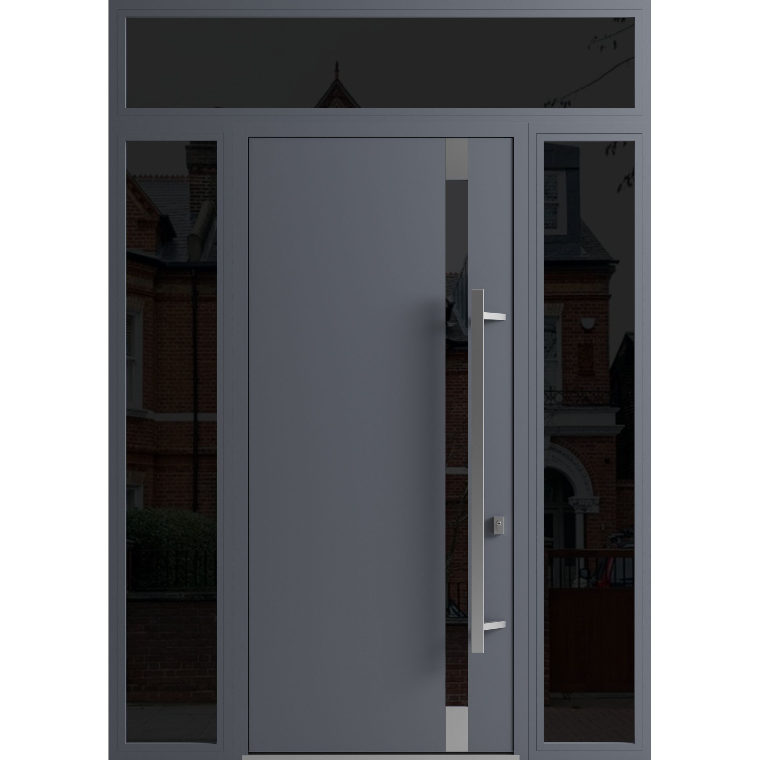 Front Exterior Prehung Steel Door / Ronex 1011 Grey 96" / 2 Sidelight and Transom Window Sidelite / Stainless Inserts Entry Metal Modern Painted W12+36+12" x H96+16" Left hand Inswing Gray