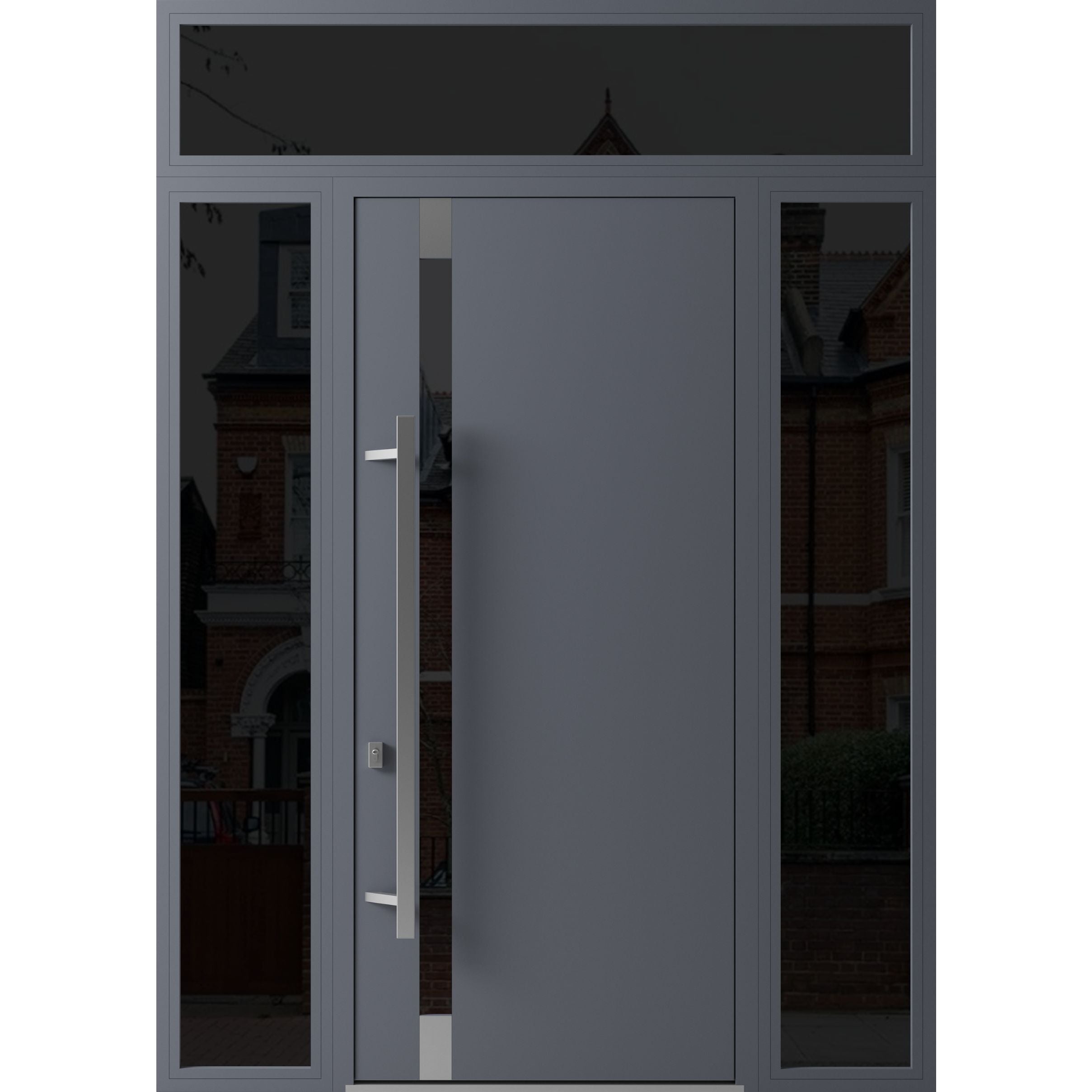 Front Exterior Prehung Steel Door / Ronex 1011 Grey 96" / 2 Sidelight and Transom Window Sidelite / Stainless Inserts Entry Metal Modern Painted W16+36+16" x H96+16" Right hand Inswing Gray