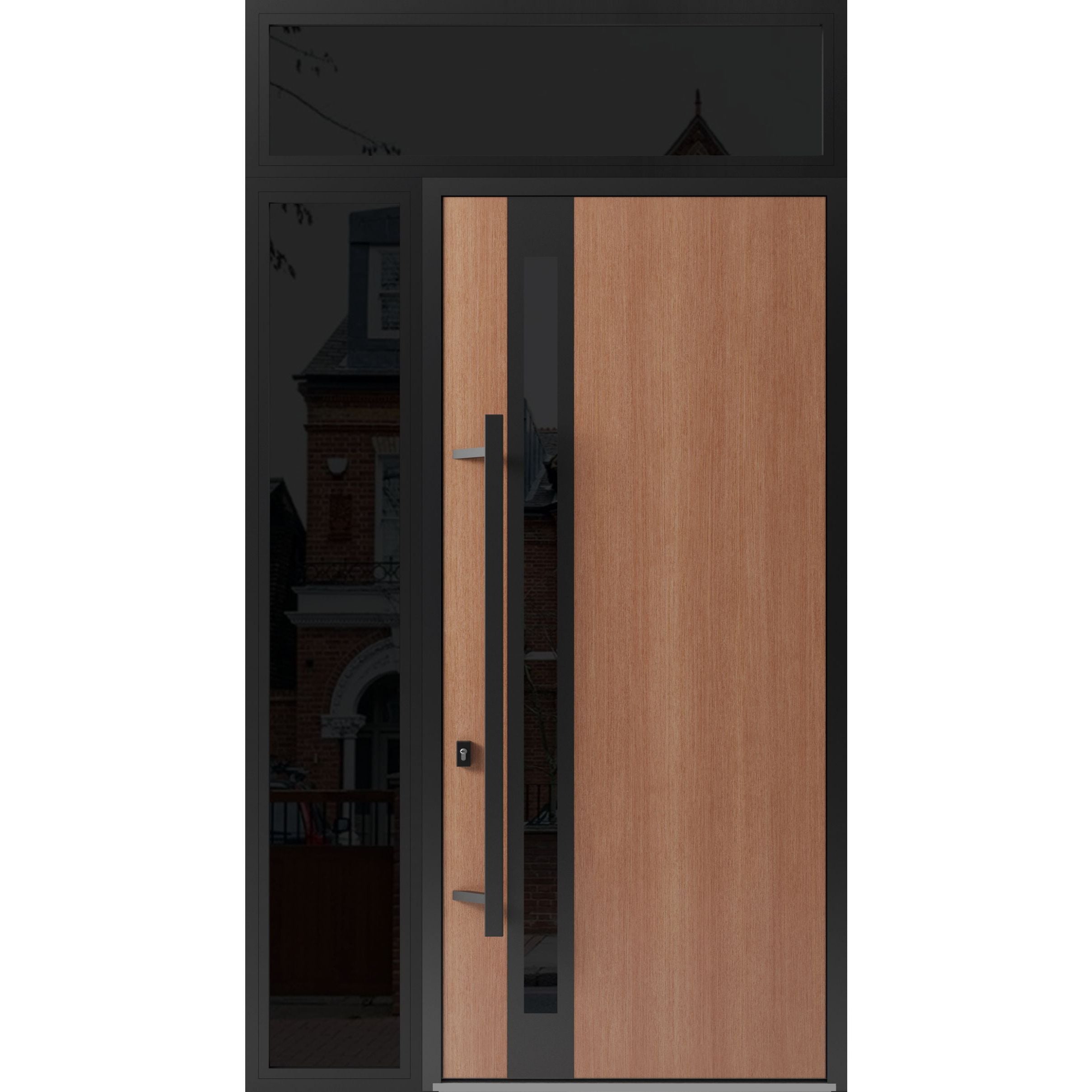 Front Exterior Prehung Steel Door / Ronex 1033 Teak 96" / Sidelight and Transom Window Sidelite / Entry Metal Modern Painted W36+14" x H96+16" Right hand Inswing Oak