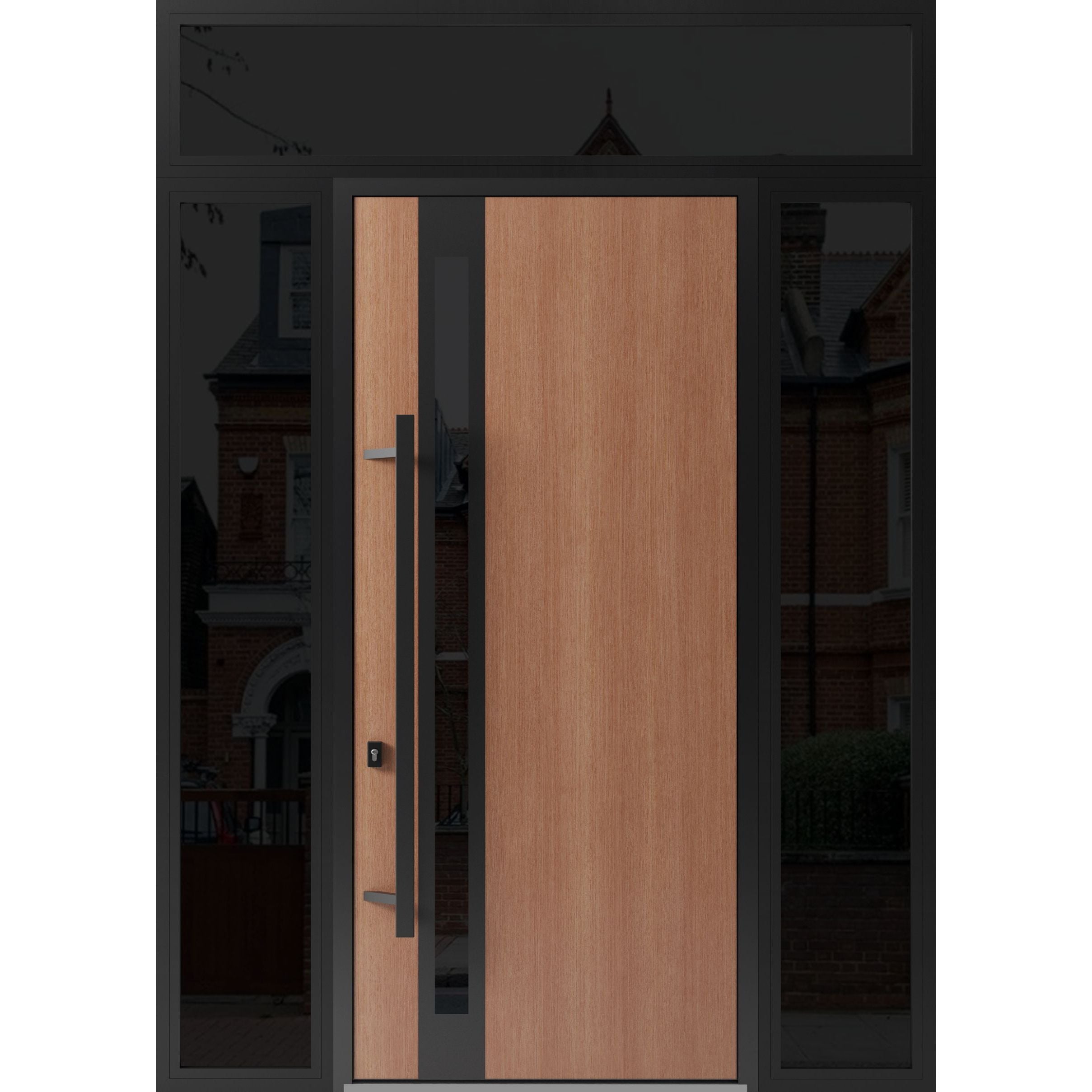 Front Exterior Prehung Steel Door / Ronex 1033 Teak 96" / 2 Sidelight and Transom Window Sidelite / Entry Metal Modern Painted W14+36+14" x H96+16" Right hand Inswing Oak