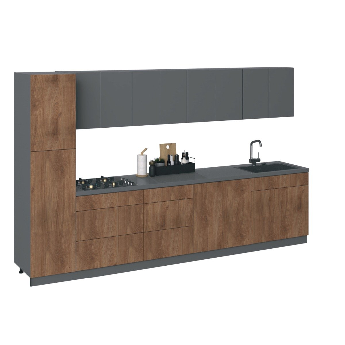 Kitchen Elegant Collection White Matte Color Base Size 11Ft Wide Natural Teak & Gray