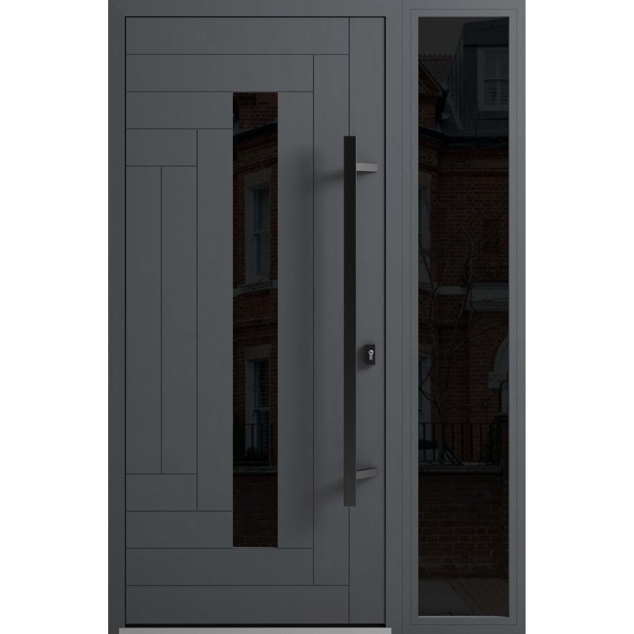 Front Exterior Prehung Steel Door / Ronex 0130 Grey / Sidelight Exterior Window Sidelite / Entry Metal Modern Painted W36+14" x H80" Left hand Inswing Gray