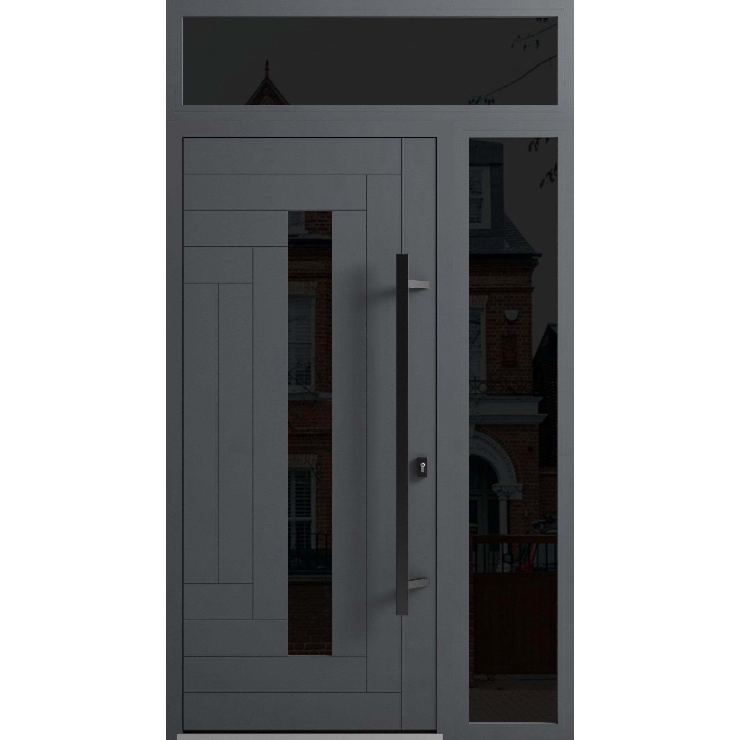 Front Exterior Prehung Steel Door / Ronex 0130 Grey / Sidelight and Transom Window Sidelite / Entry Metal Modern Painted W36+14" x H80+16" Left hand Inswing Gray