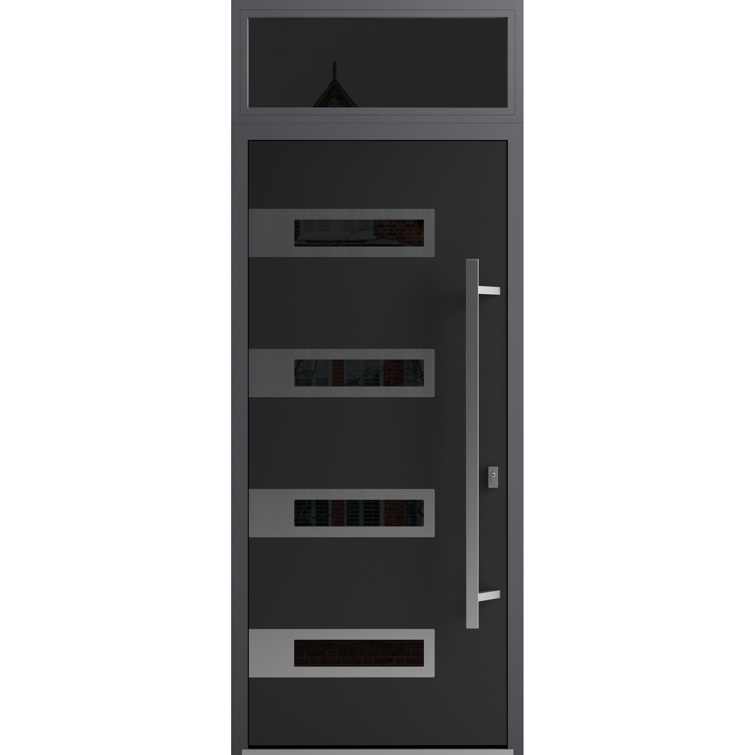 Front Exterior Prehung Steel Door / Ronex 0131 Black Enamel / Transom Window Sidelite / Stainless Inserts Entry Metal Modern Painted W36" x H80+16" Left hand Inswing Black