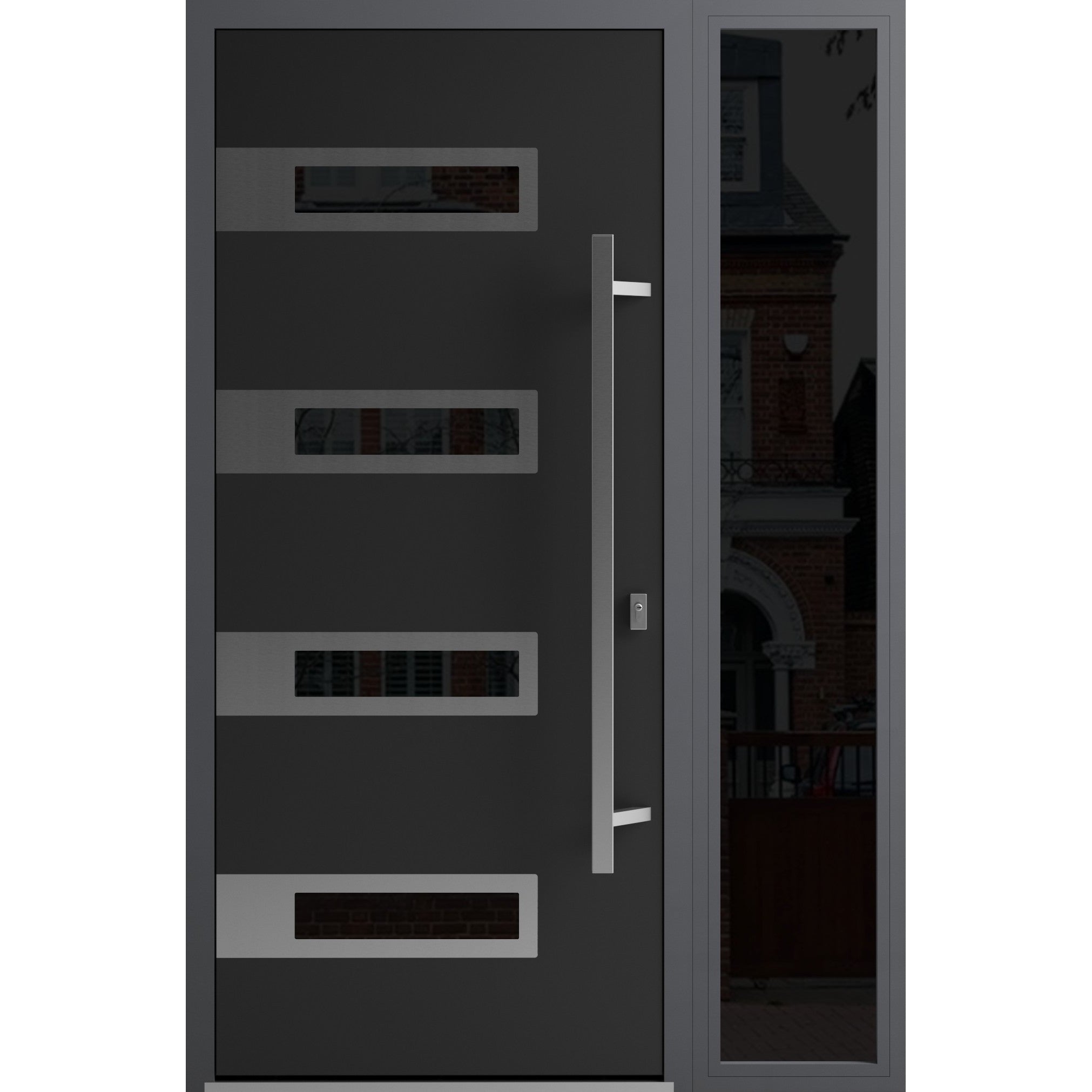 Front Exterior Prehung Steel Door / Ronex 0131 Grey / Sidelight Exterior Window Sidelite / Entry Metal Modern Painted W36+12" x H80" Left hand Inswing Black
