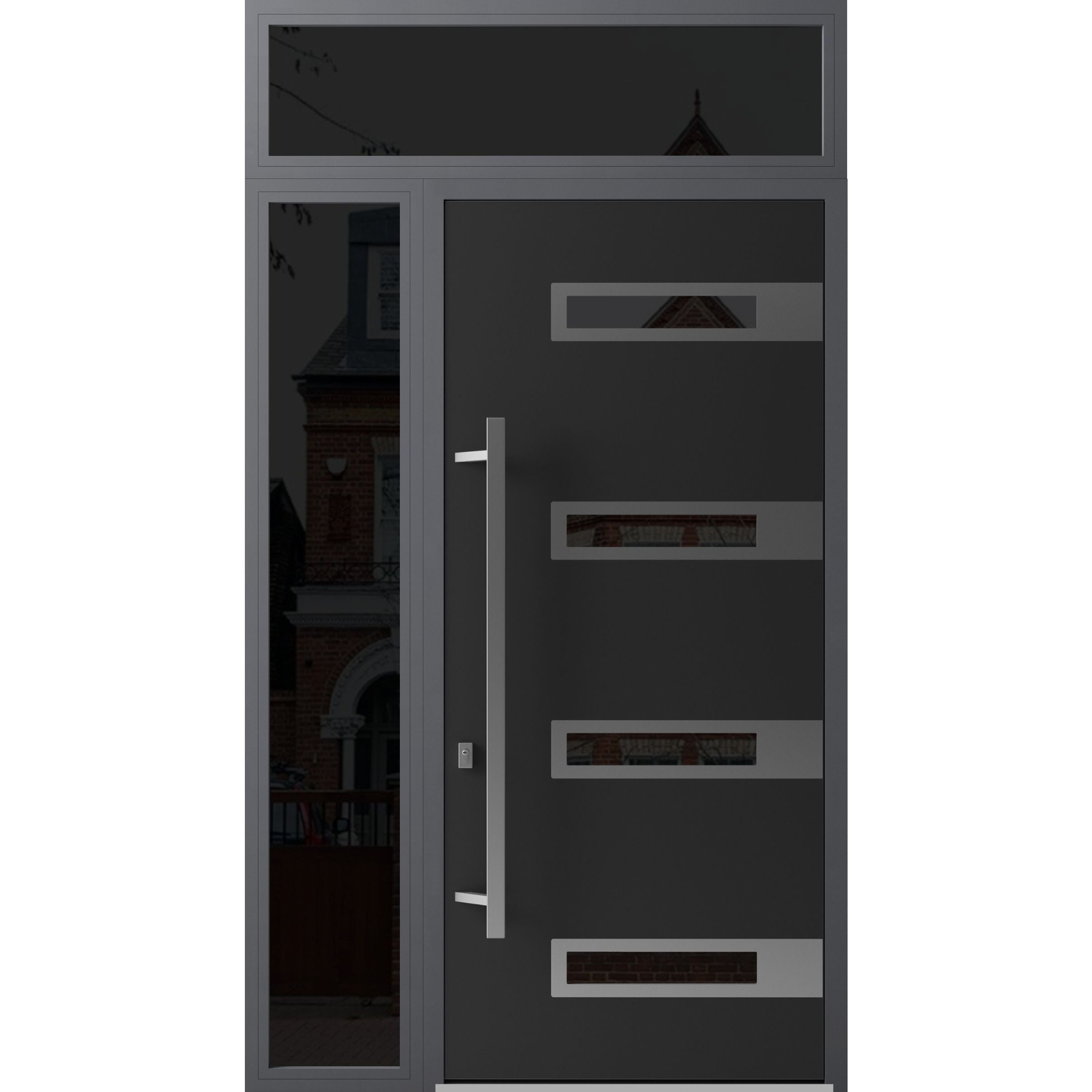 Front Exterior Prehung Steel Door / Ronex 0131 Grey 96" / Sidelight and Transom Window Sidelite / Entry Metal Modern Painted W36+16" x H96+16" Right hand Inswing Black