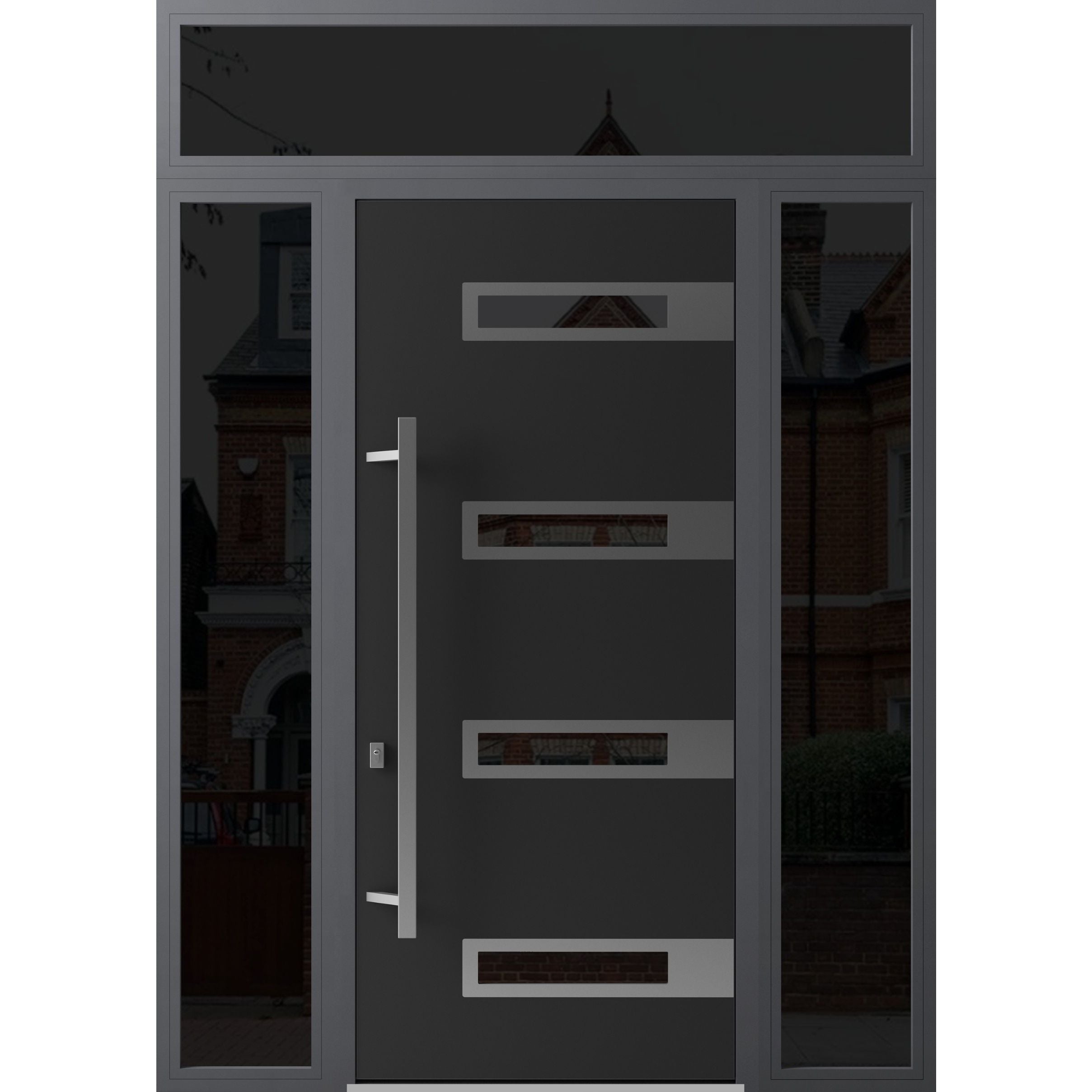 Front Exterior Prehung Steel Door / Ronex 0131 Black Enamel 96" / 2 Sidelight and Transom Window Sidelite / Stainless Inserts Entry Metal Modern Painted W14+36+14" x H96+16" Right hand Inswing Black