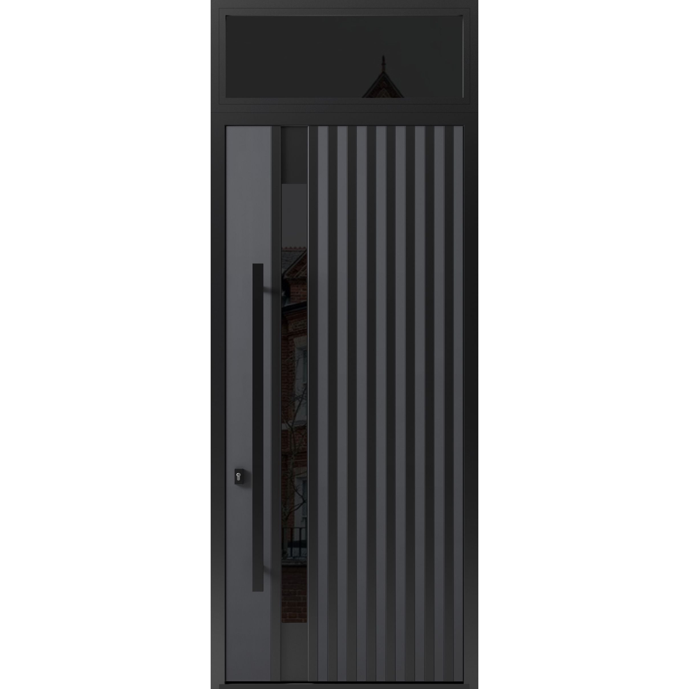 Front Exterior Prehung Steel Door / Ronex 0144 Grey 96" / Transom Window Sidelite / Entry Metal Modern Painted W36" x H96+16" Right hand Inswing Gray