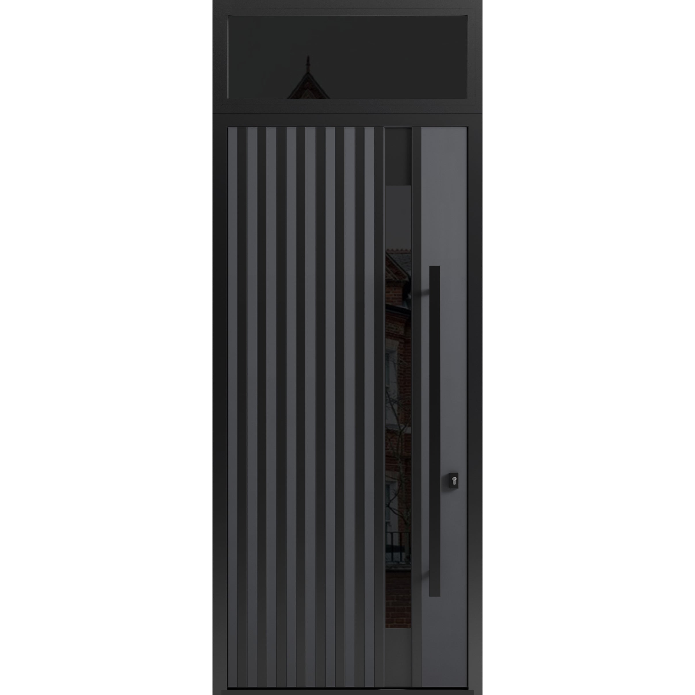 Front Exterior Prehung Steel Door / Ronex 0144 Grey 96" / Transom Window Sidelite / Entry Metal Modern Painted W36" x H96+16" Left hand Inswing Gray