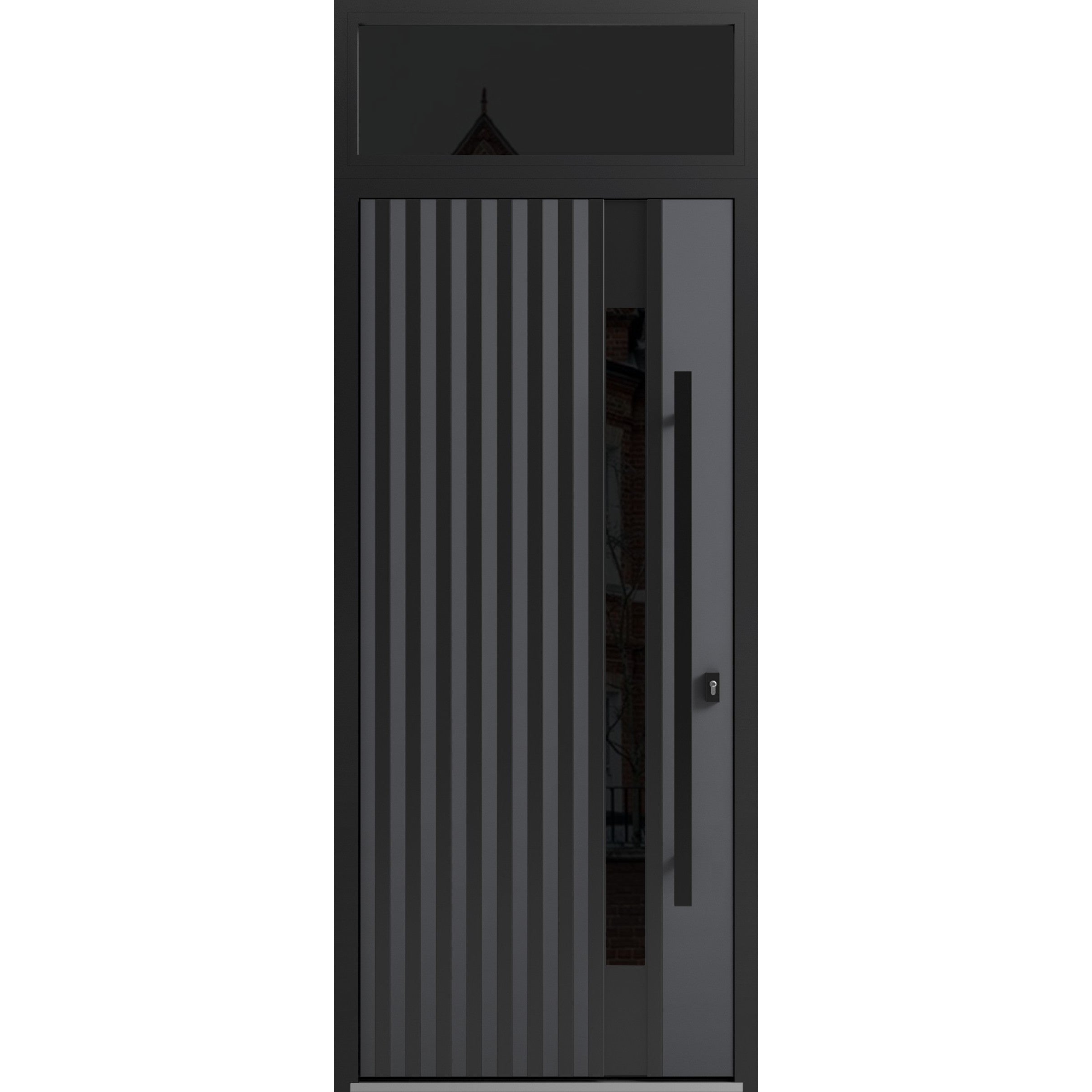 Front Exterior Prehung Steel Door / Ronex 0144 Grey / Transom Window Sidelite / Entry Metal Modern Painted W36" x H80+16" Left hand Inswing Gray