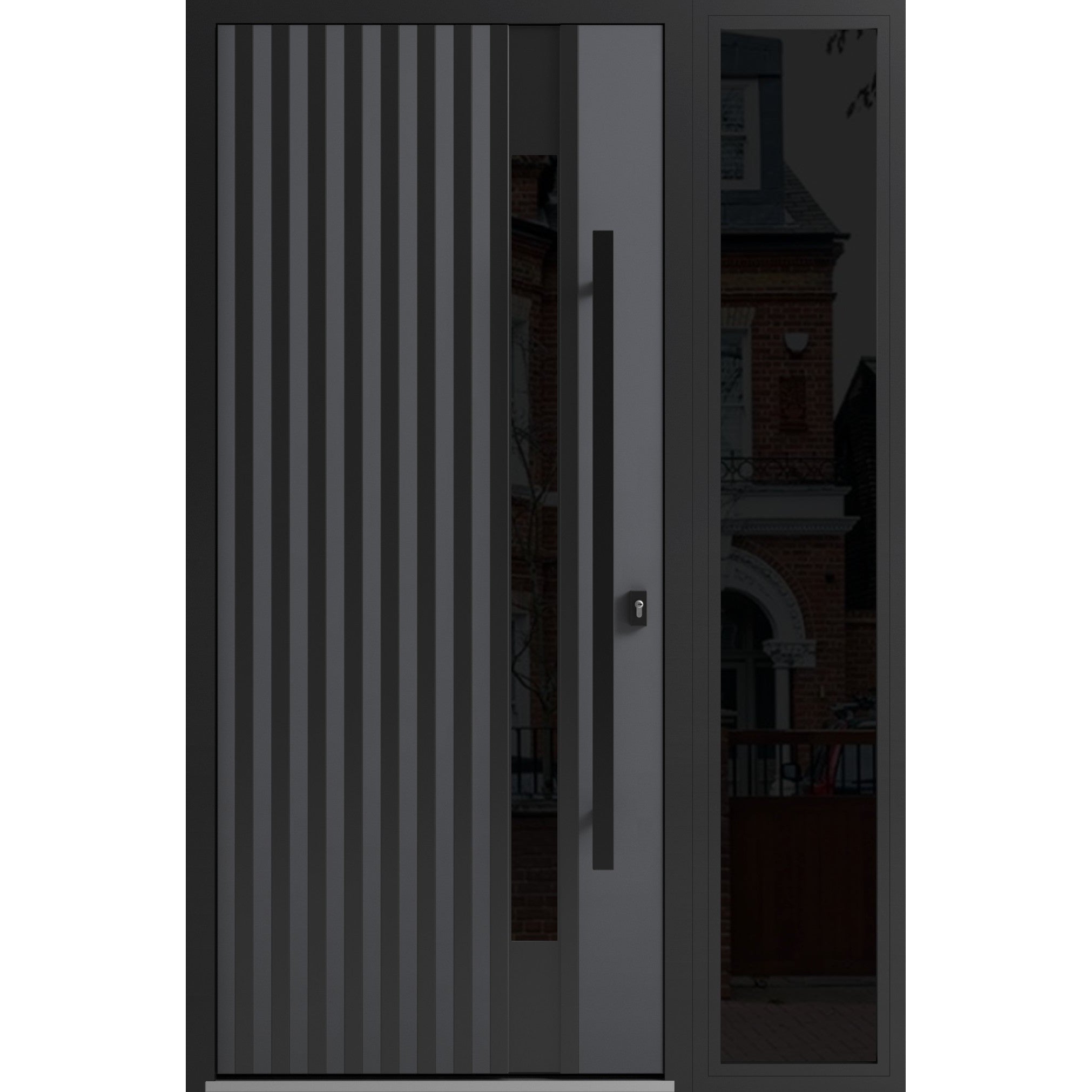 Front Exterior Prehung Steel Door / Ronex 0144 Grey / Sidelight Exterior Window Sidelite / Entry Metal Modern Painted W36+12" x H80" Left hand Inswing Gray