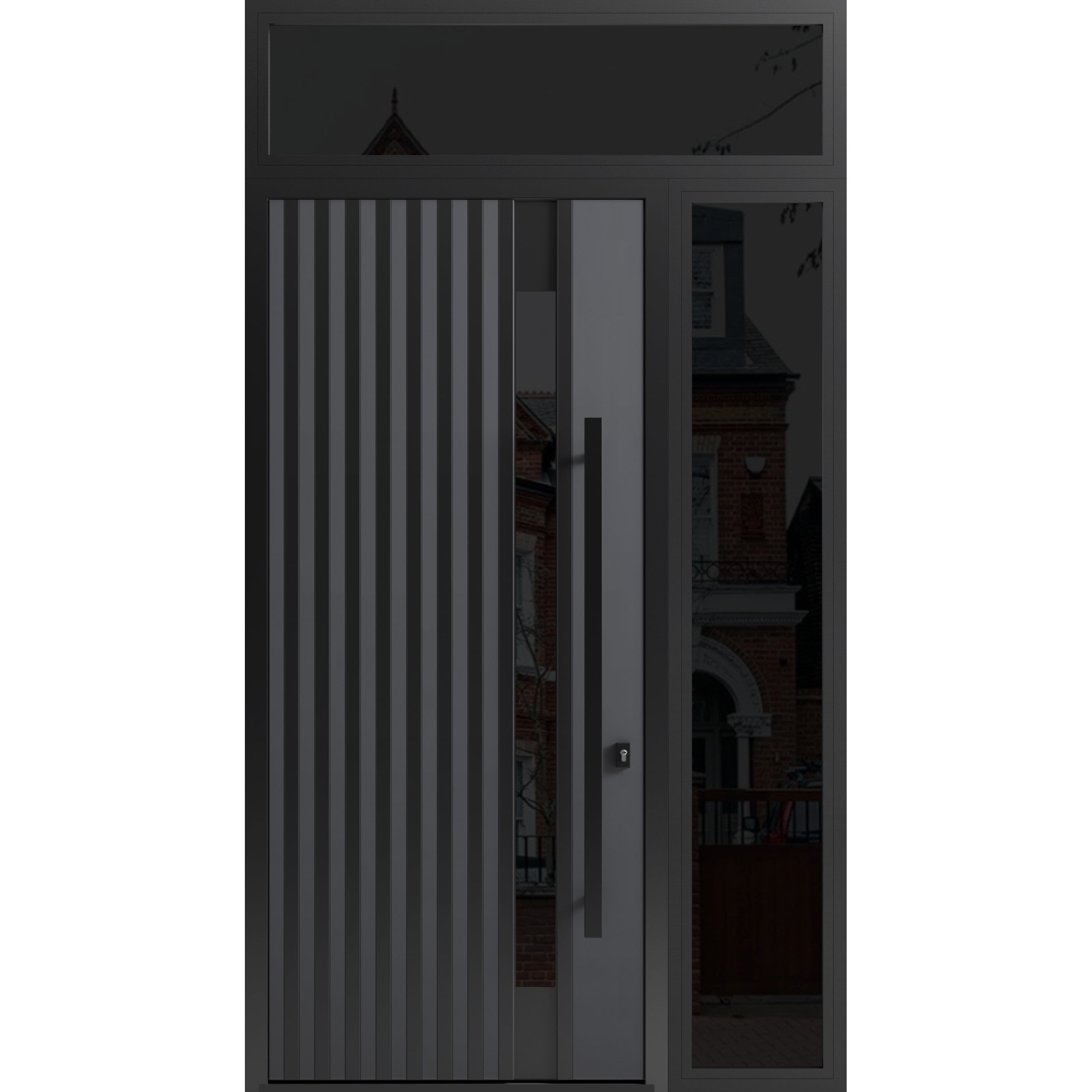 Front Exterior Prehung Steel Door / Ronex 0144 Grey 96" / Sidelight and Transom Window Sidelite / Entry Metal Modern Painted W36+12" x H96+16" Left hand Inswing Gray
