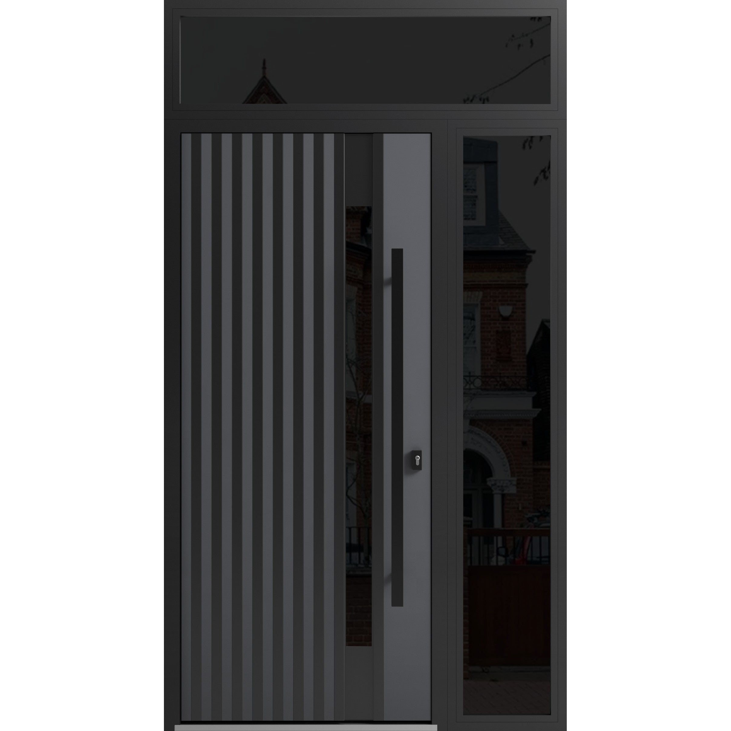 Front Exterior Prehung Steel Door / Ronex 0144 Grey / Sidelight and Transom Window Sidelite / Entry Metal Modern Painted W36+16" x H80+16" Left hand Inswing Gray