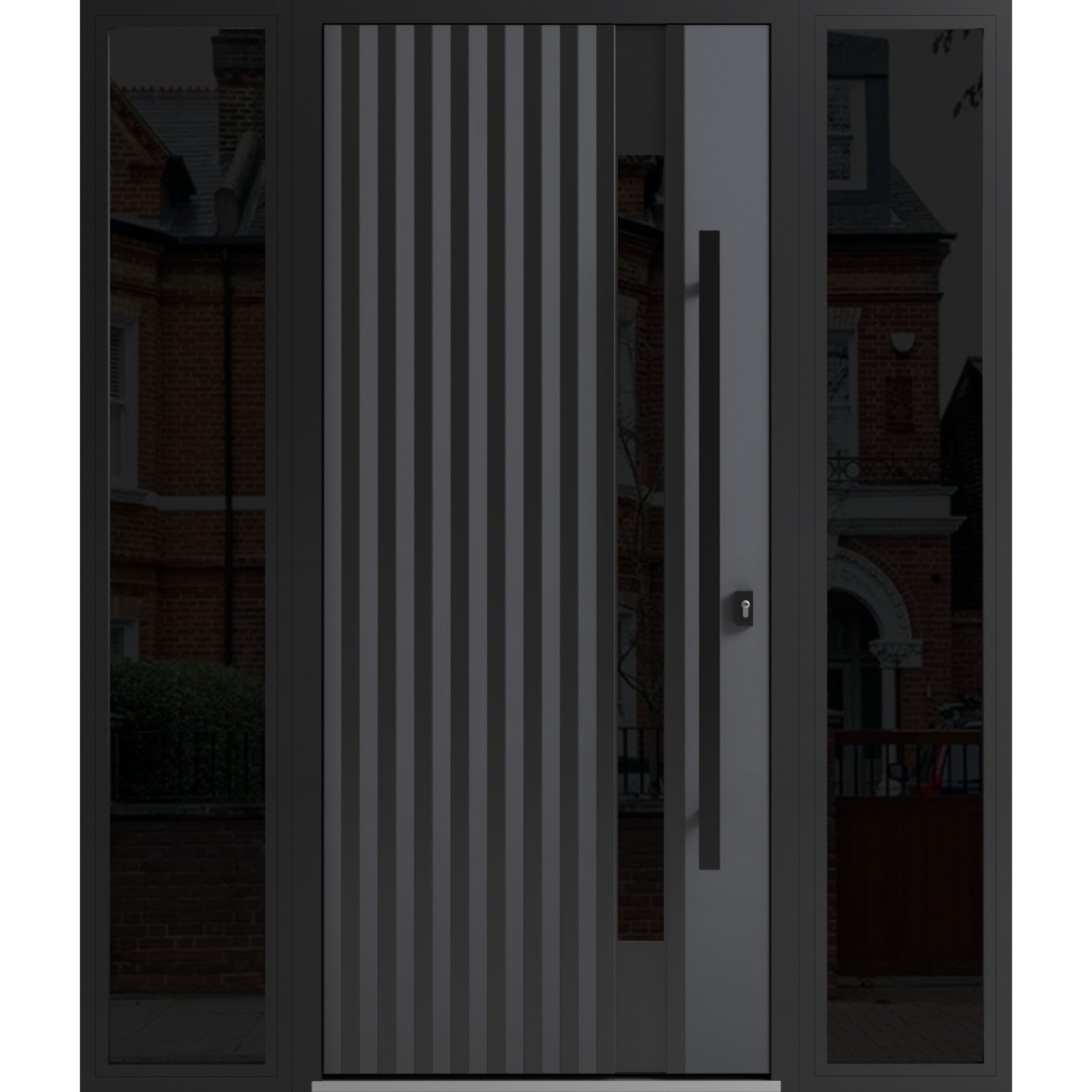 Front Exterior Prehung Steel Door / Ronex 0144 Grey / 2 Sidelight Exterior Windows Sidelites/ Entry Metal Modern Painted W12+36+12" x H80" Left hand Inswing Gray