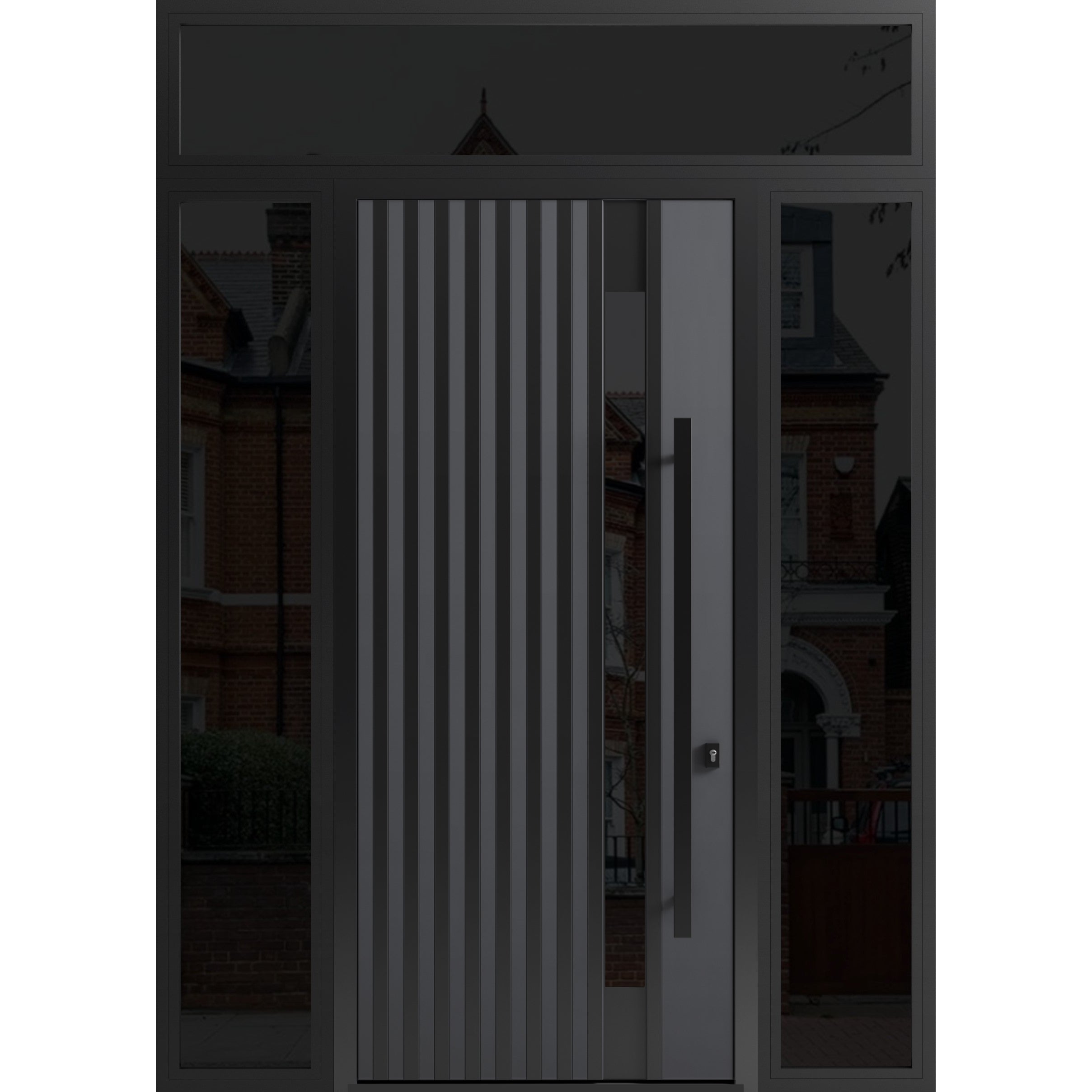 Front Exterior Prehung Steel Door / Ronex 0144 Grey 96" / 2 Sidelight and Transom Window Sidelite / Entry Metal Modern Painted W12+36+12" x H96+16" Left hand Inswing Gray