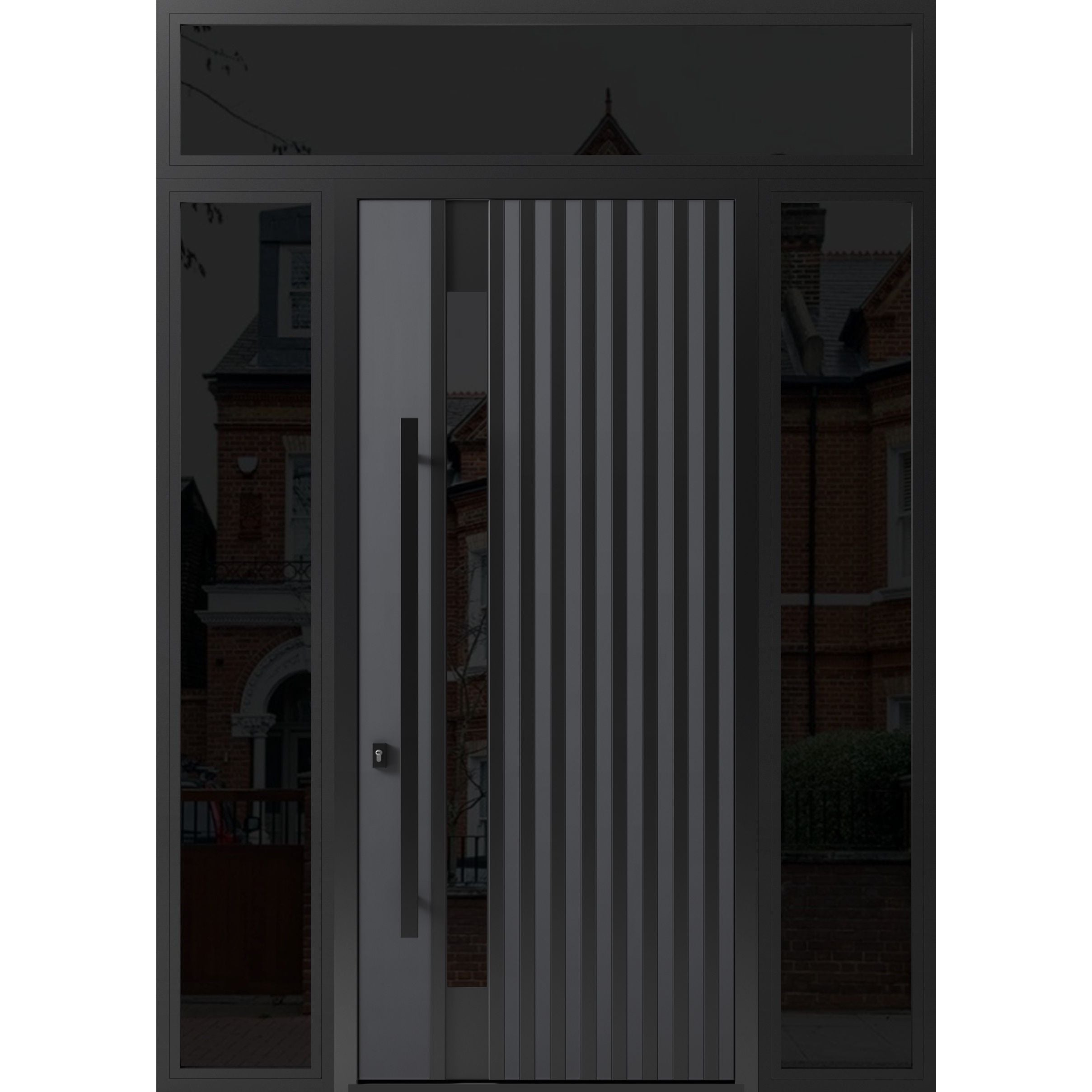 Front Exterior Prehung Steel Door / Ronex 0144 Grey 96" / 2 Sidelight and Transom Window Sidelite / Entry Metal Modern Painted W14+36+14" x H96+16" Right hand Inswing Gray