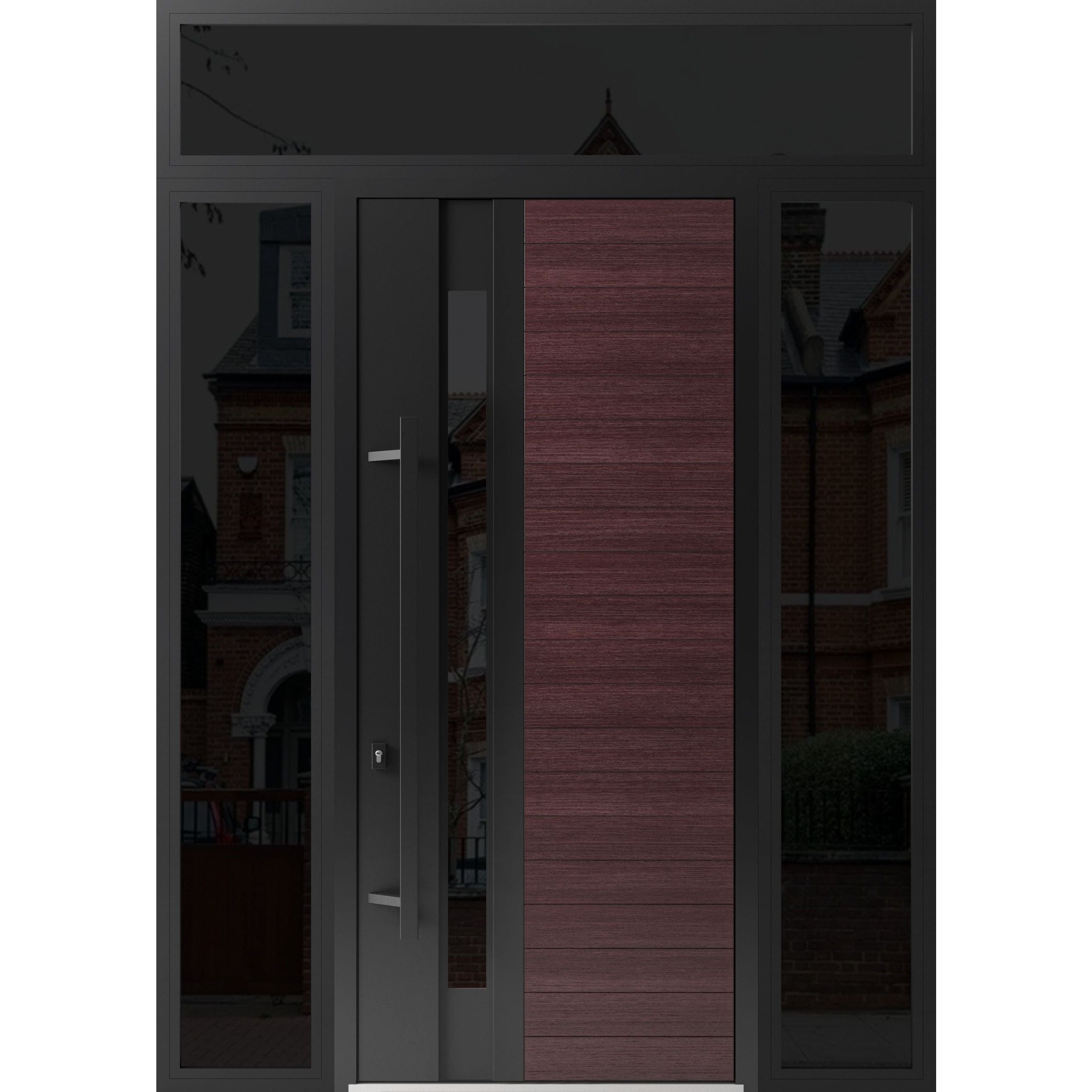 Front Exterior Prehung Steel Door / Ronex 0162 Red Oak 96" / 2 Sidelight and Transom Window Sidelite / Entry Metal Modern Painted W16+36+16" x H96+16" Right hand Inswing Red Oak