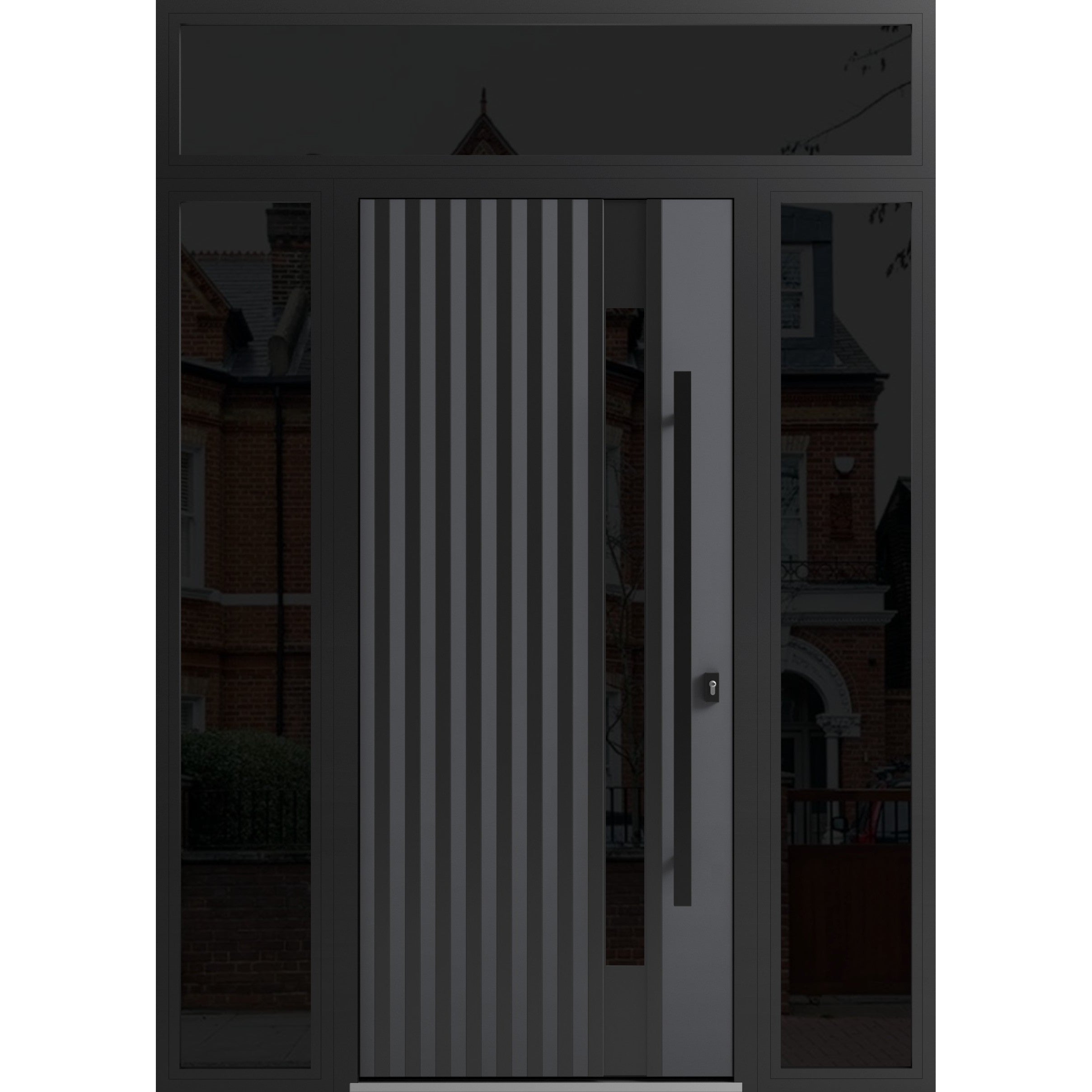 Front Exterior Prehung Steel Door / Ronex 0144 Grey / 2 Sidelight and Transom Window Sidelite / Entry Metal Modern Painted W14+36+14" x H80+16" Left hand Inswing Gray