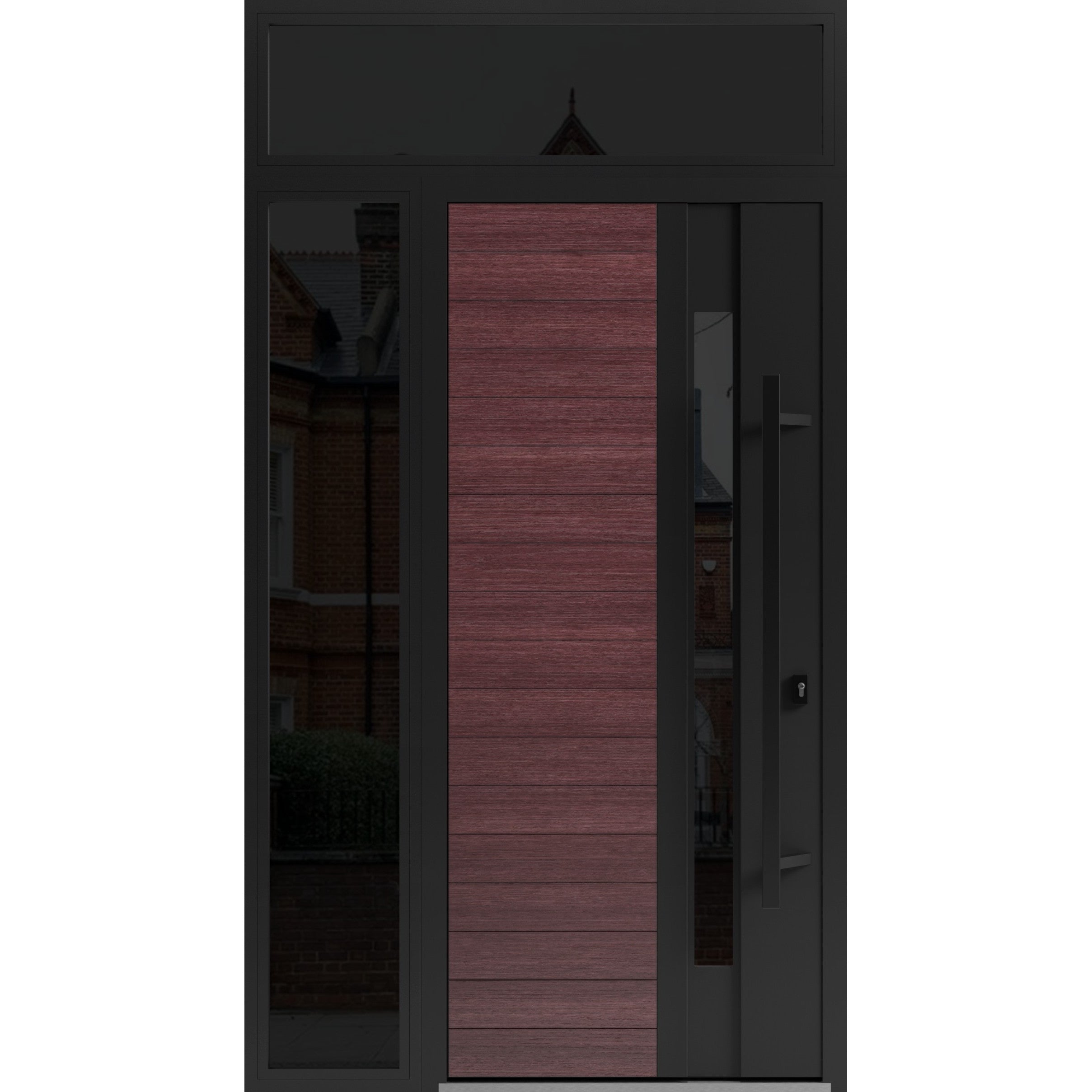 Front Exterior Prehung Steel Door / Ronex 0162 Red Oak / Sidelight and Transom Window Sidelite / Entry Metal Modern Painted W36+12" x H80+16" Left hand Inswing Red Oak