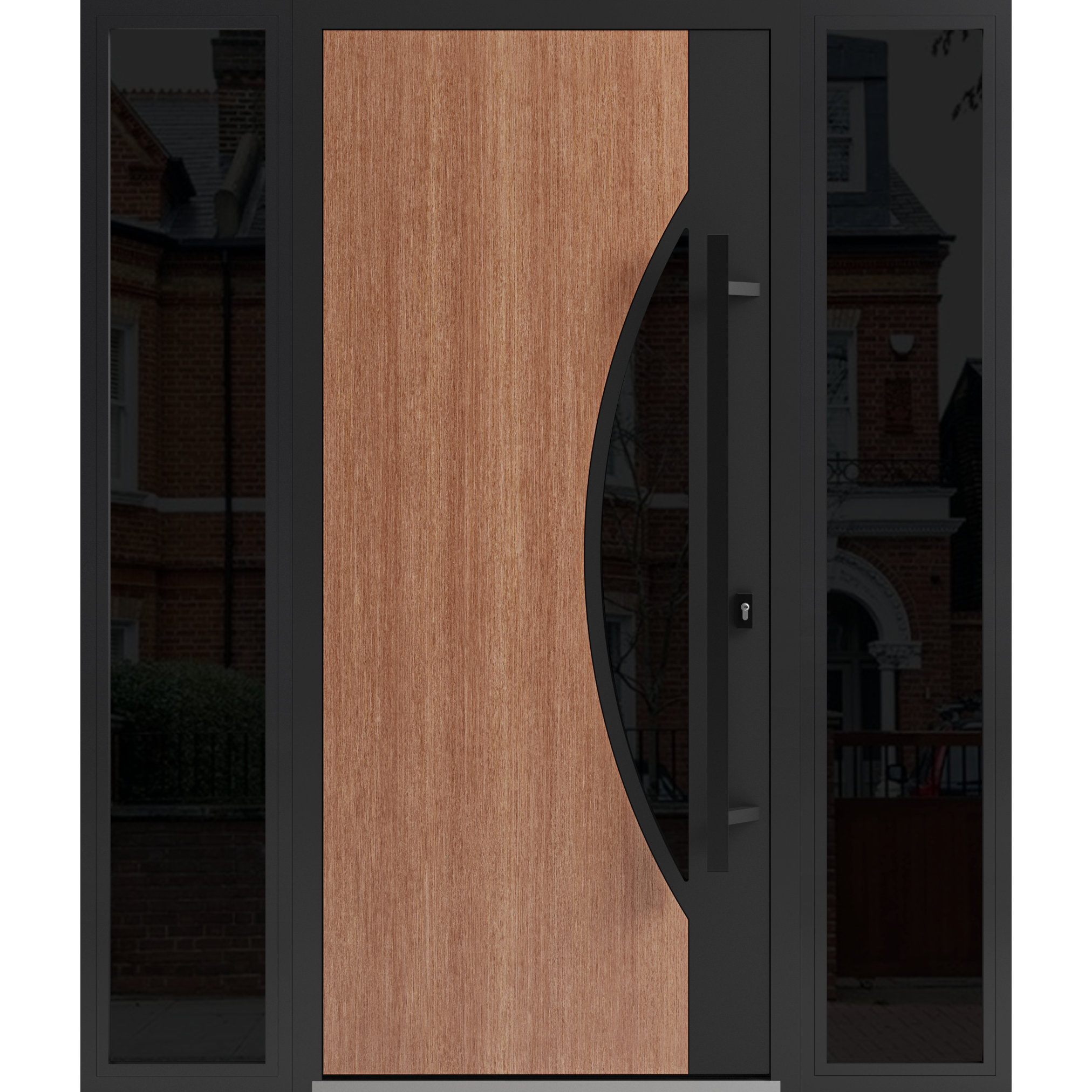Front Exterior Prehung Steel Door / Ronex 1077 Teak / 2 Sidelight Exterior Windows Sidelites/ Entry Metal Modern Painted W12+36+12" x H80" Left hand Inswing Teak
