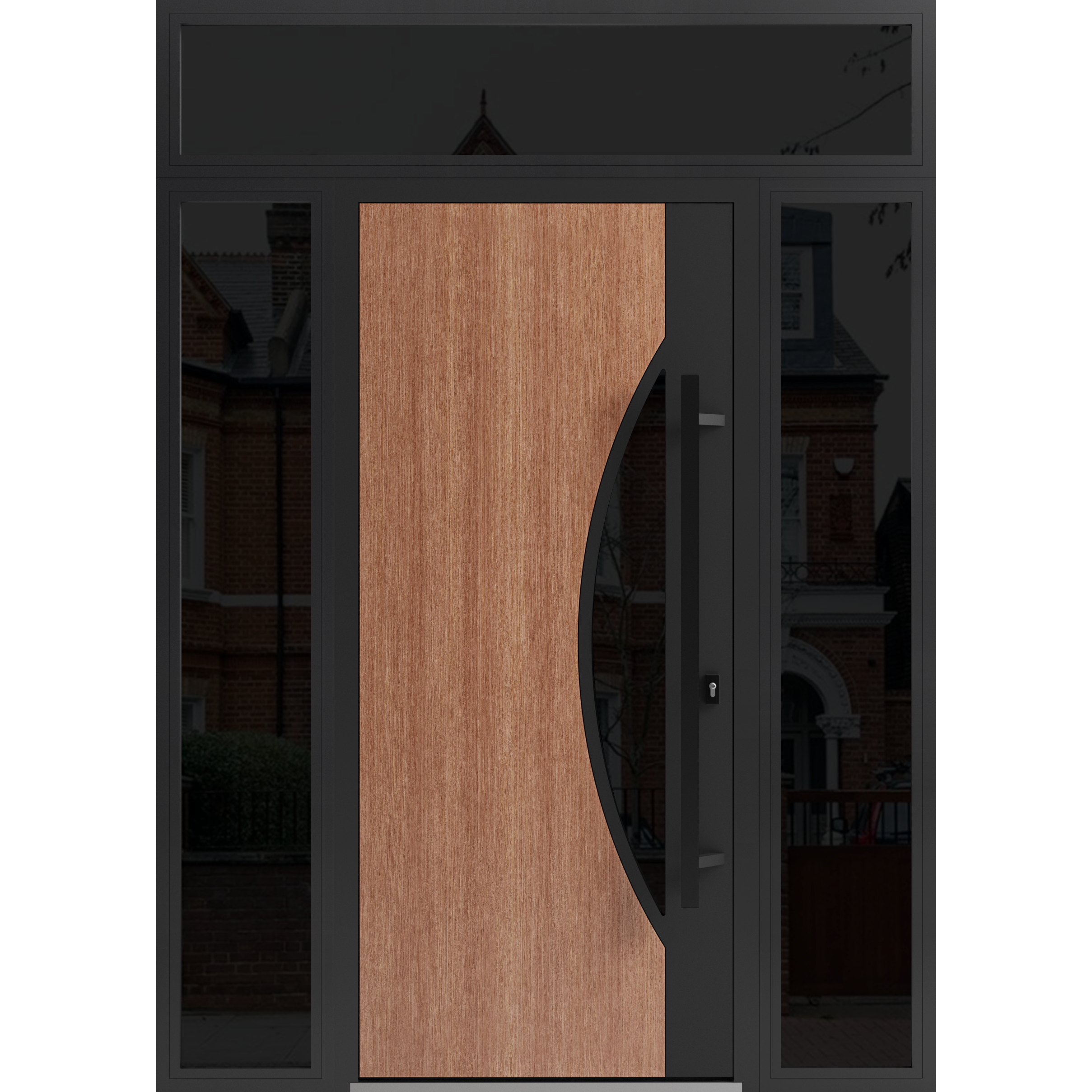 Front Exterior Prehung Steel Door / Ronex 1077 Teak / 2 Sidelight and Transom Window Sidelite / Entry Metal Modern Painted W14+36+14" x H80+16" Left hand Inswing Teak
