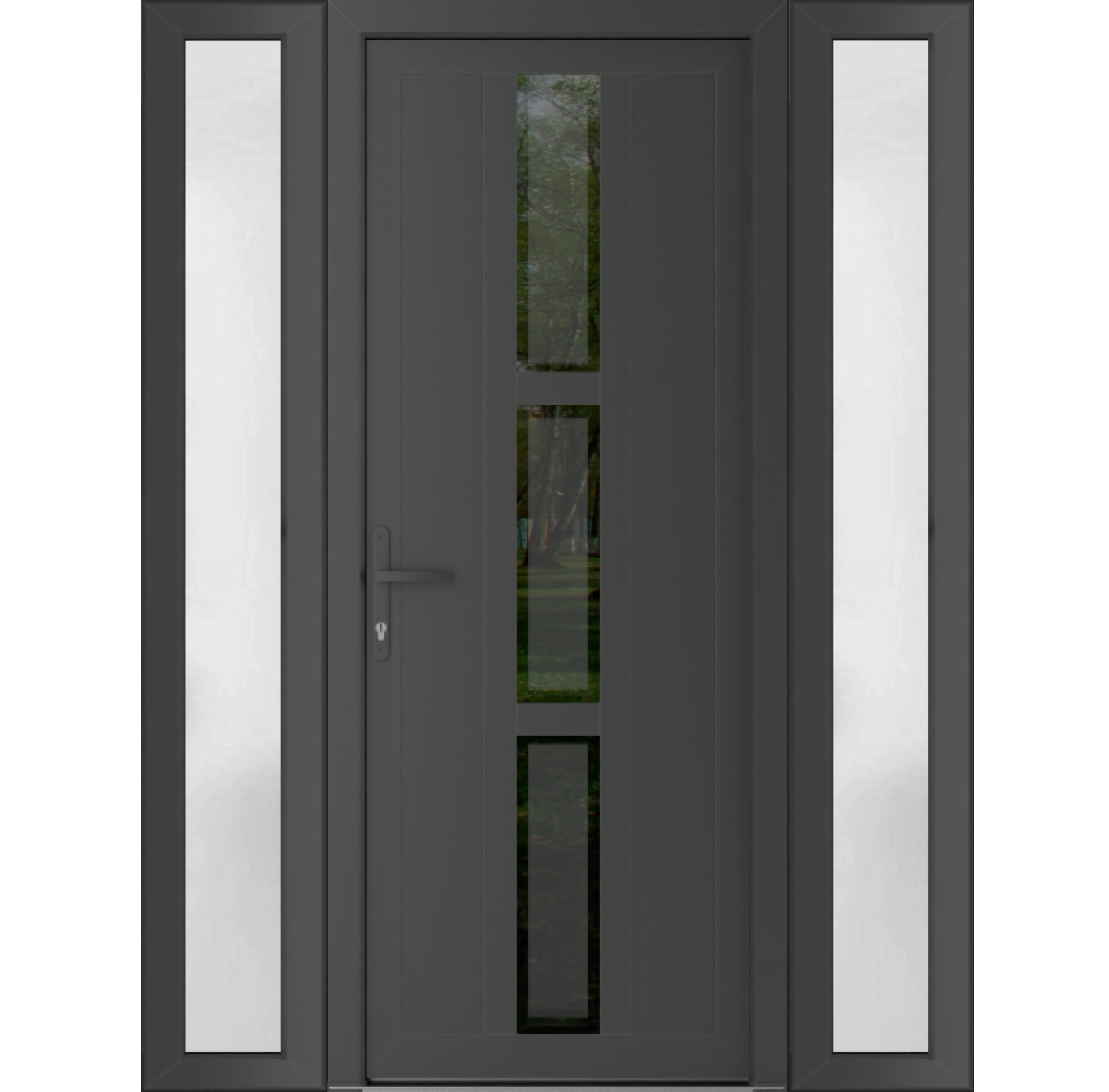 Front Exterior Prehung Metal-PlasticDoor | Manux 8112 Matte Black | 2 Side Sidelite Transoms | Office Commercial and Residential Doors Entrance Patio Garage 64" x 80" (W14+36+14" x H80") Right hand Inswing Antracite