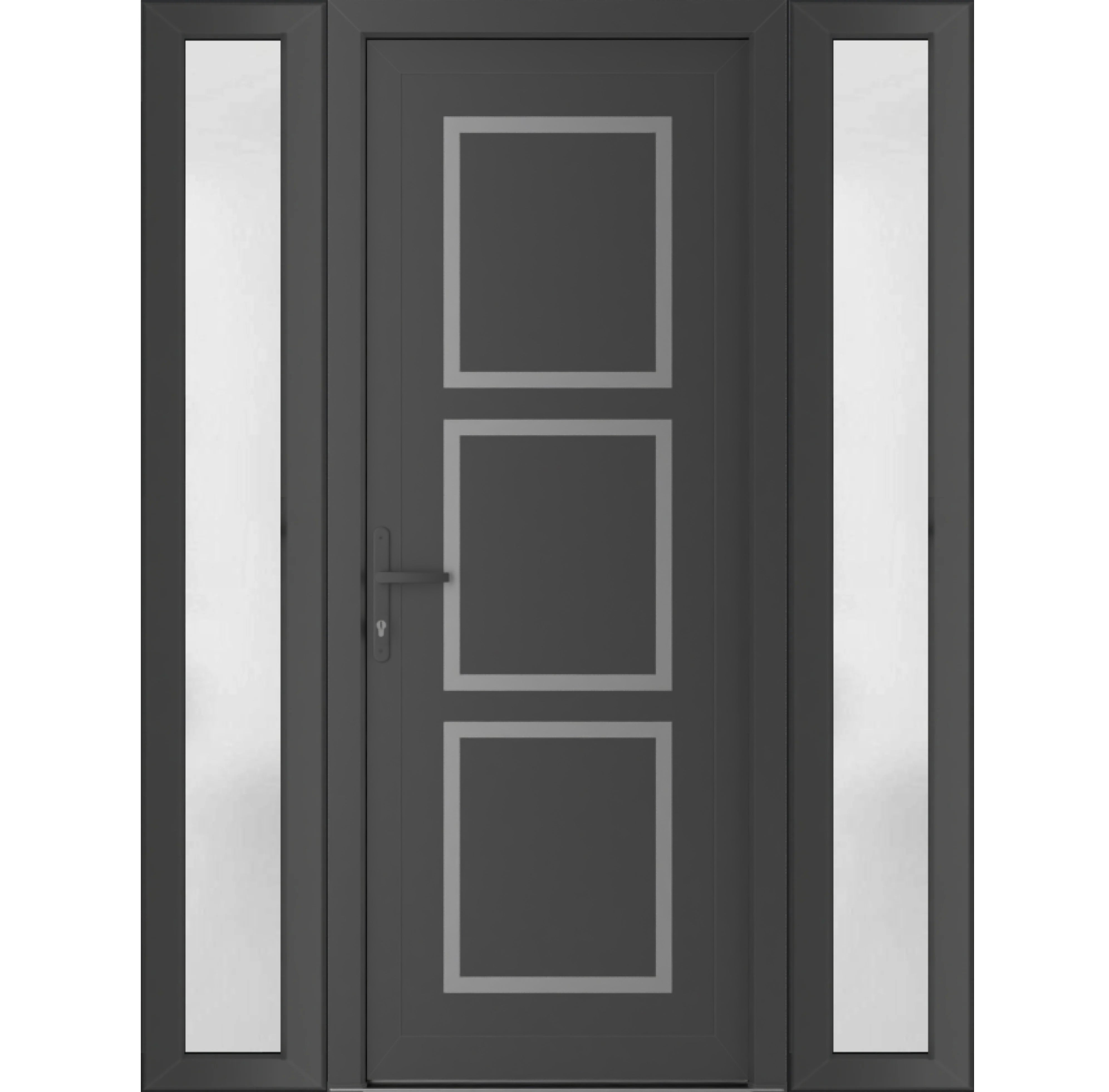 Front Exterior Prehung Metal-PlasticDoor | Manux 8661 Matte Black | 2 Side Sidelite Transoms | Office Commercial and Residential Doors Entrance Patio Garage 68" x 80" (W16+36+16" x H80") Right hand Inswing Antracite