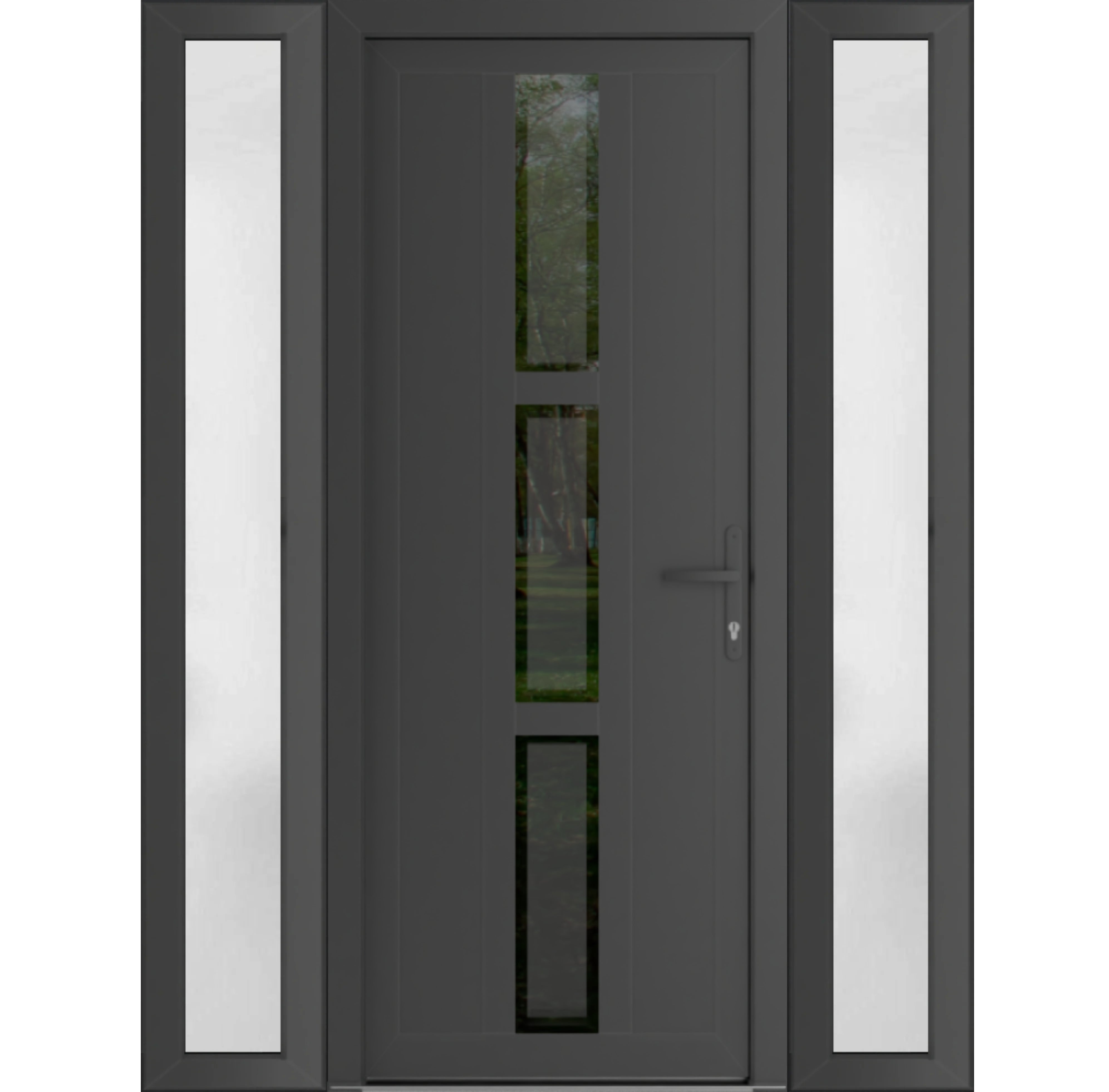 Front Exterior Prehung Metal-PlasticDoor | Manux 8112 White Silk | 2 Side Sidelite Transoms | Office Commercial and Residential Doors Entrance Patio Garage 64" x 80" (W14+36+14" x H80") Left hand Inswing Antracite