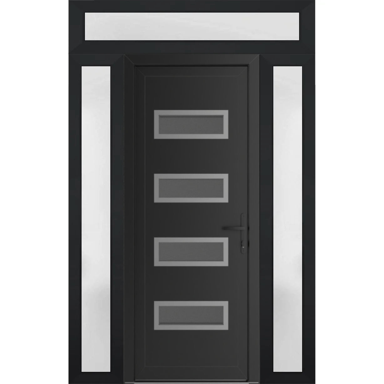 Front Exterior Prehung Metal-PlasticDoor | Manux 8113 White Silk | 2 Side and Top Sidelite Transom | Office Commercial and Residential Doors Entrance Patio Garage 56" x 94" (W12+32+12" x H80+14") Left hand Inswing Black Matte