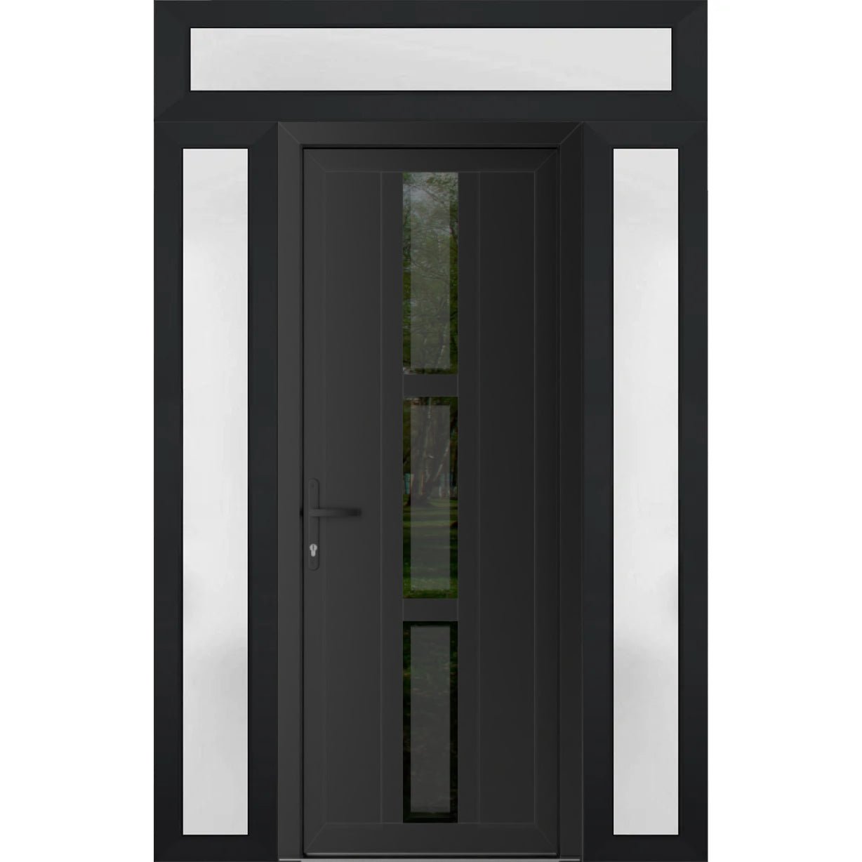 Front Exterior Prehung Metal-PlasticDoor | Manux 8112 Antracite Grey | 2 Side and Top Sidelite Transom | Office Commercial and Residential Doors Entrance Patio Garage 68" x 94" (W16+36+16" x H80+14") Right hand Inswing Black Matte